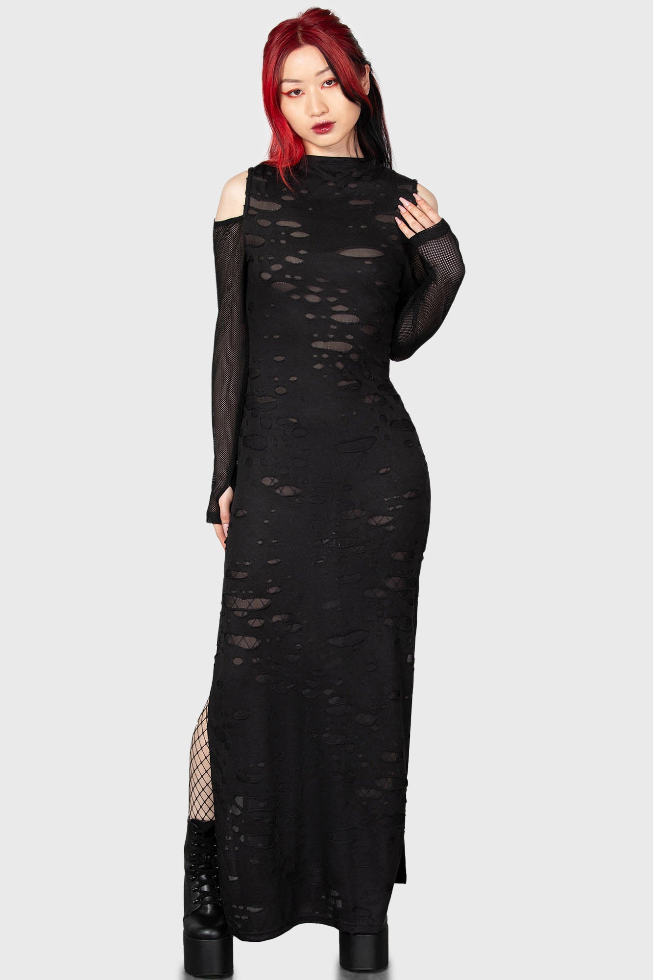 KILLSTAR Biters Maxi Dress - Distressed Gothic Cold Shoulder