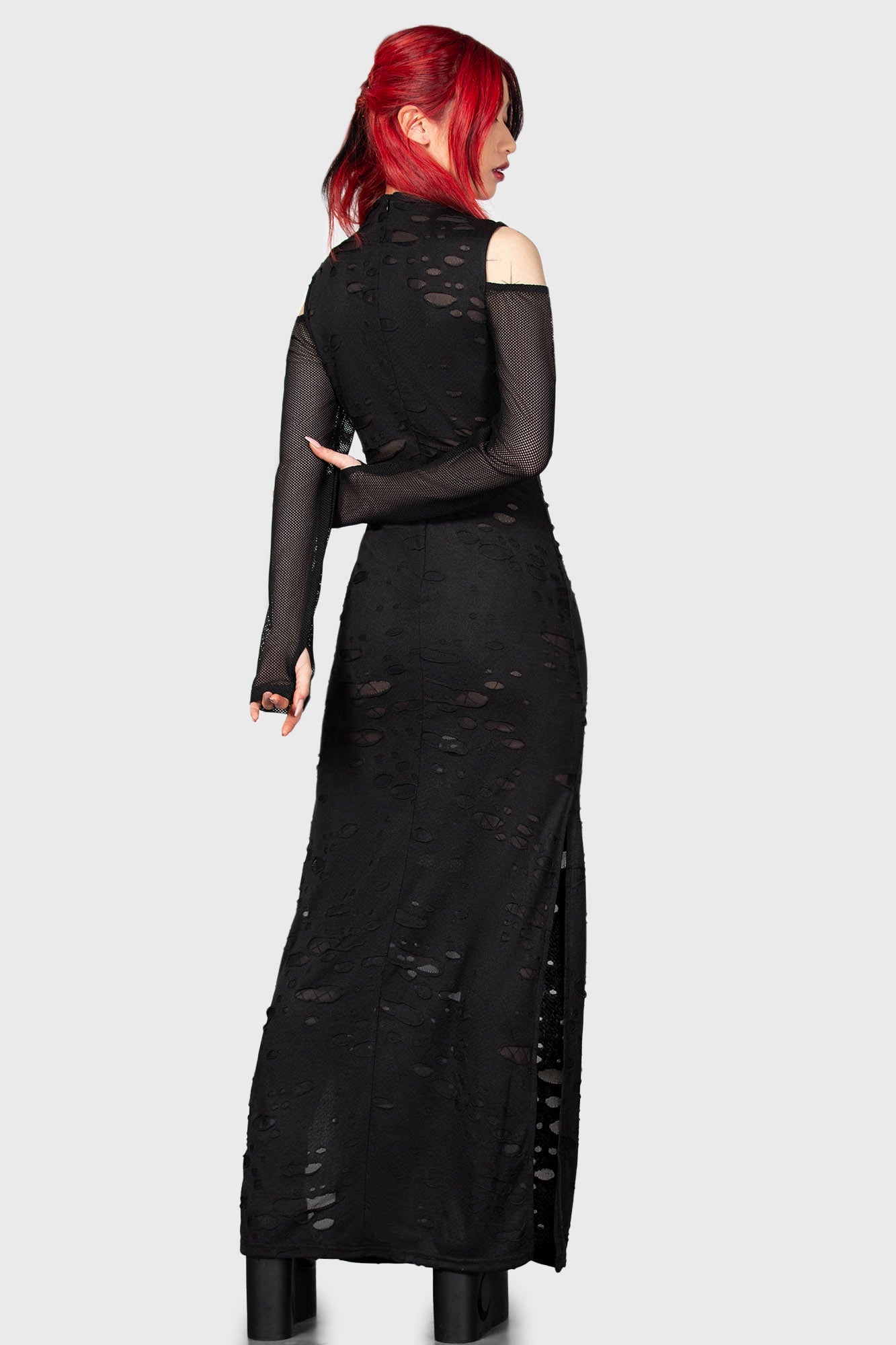 KILLSTAR Biters Maxi Dress - Distressed Gothic Cold Shoulder