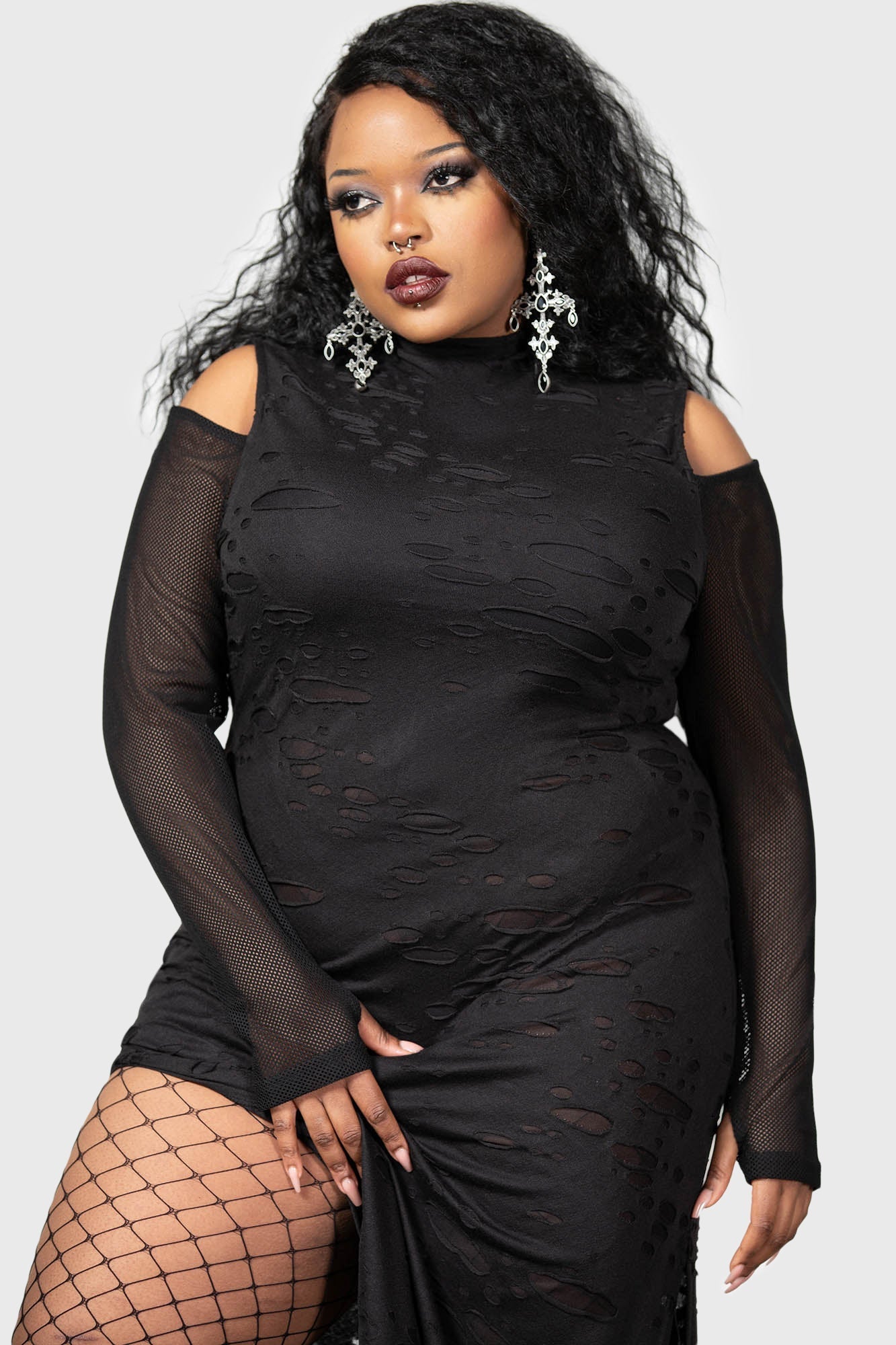 KILLSTAR Biters Maxi Dress - Distressed Gothic Cold Shoulder