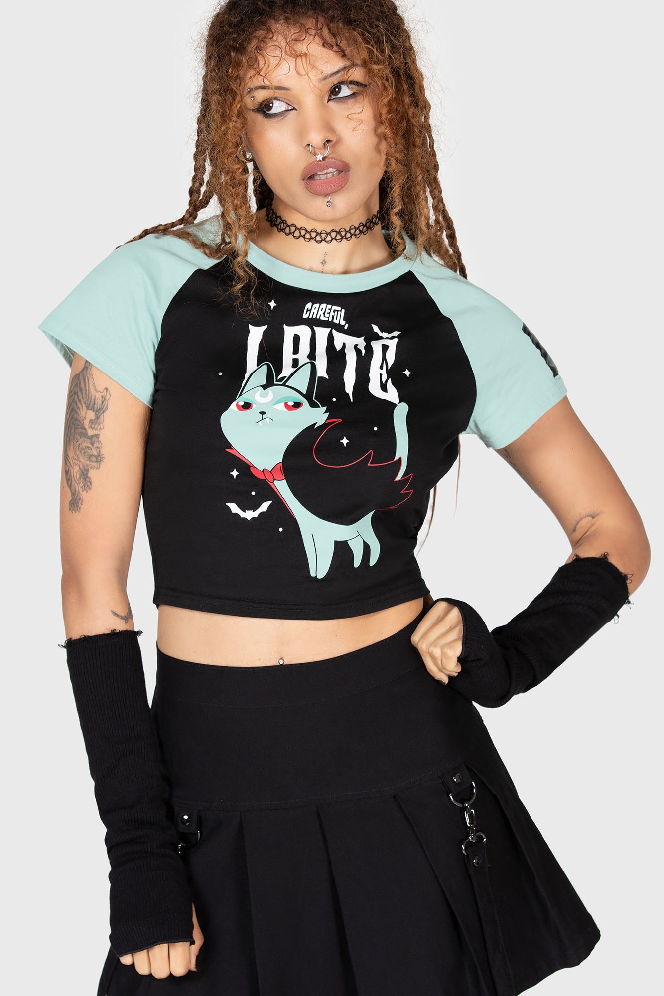 Killstar Cat Spat Cropped Cotton Tee - Fitted & Stretchy