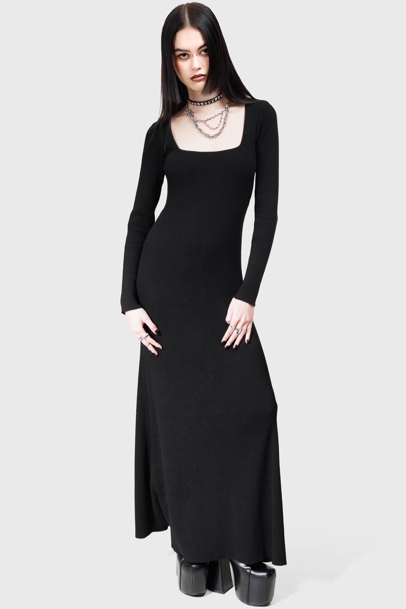 KIHILIST Dark Glyph Ribbed Maxi Dress - Square Neck Long Sleeves