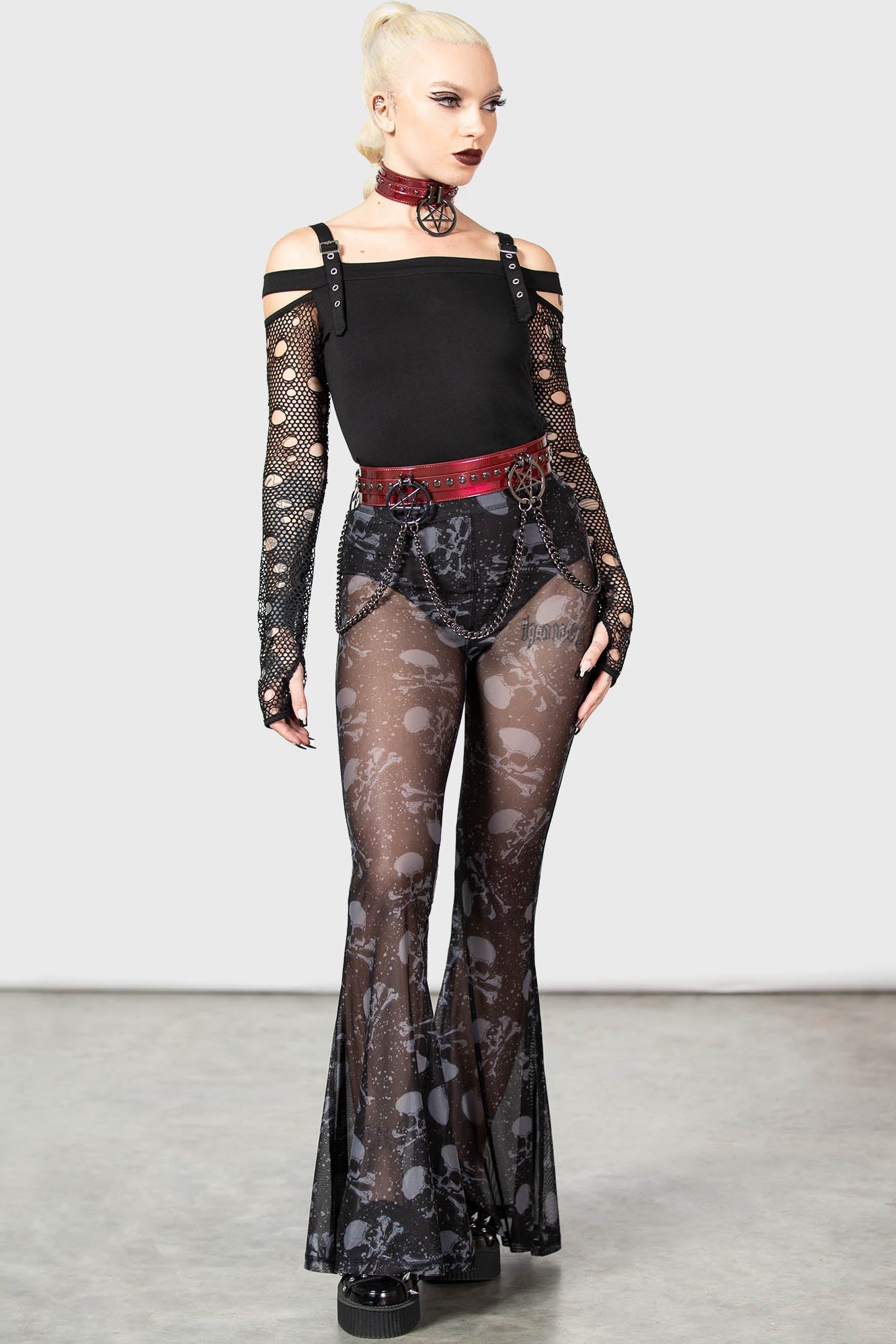 Killstar Sideshow Flares - Stretch Mesh Skull Design Pants
