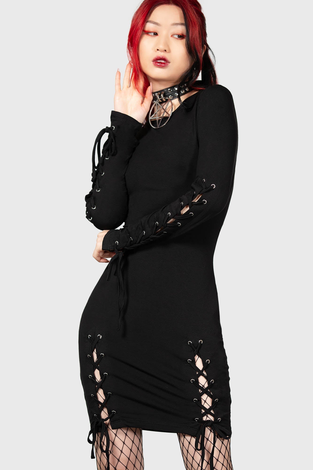 Killstar Rory Lace-Up Bodycon Dress - Long Sleeves & Stretch Fit
