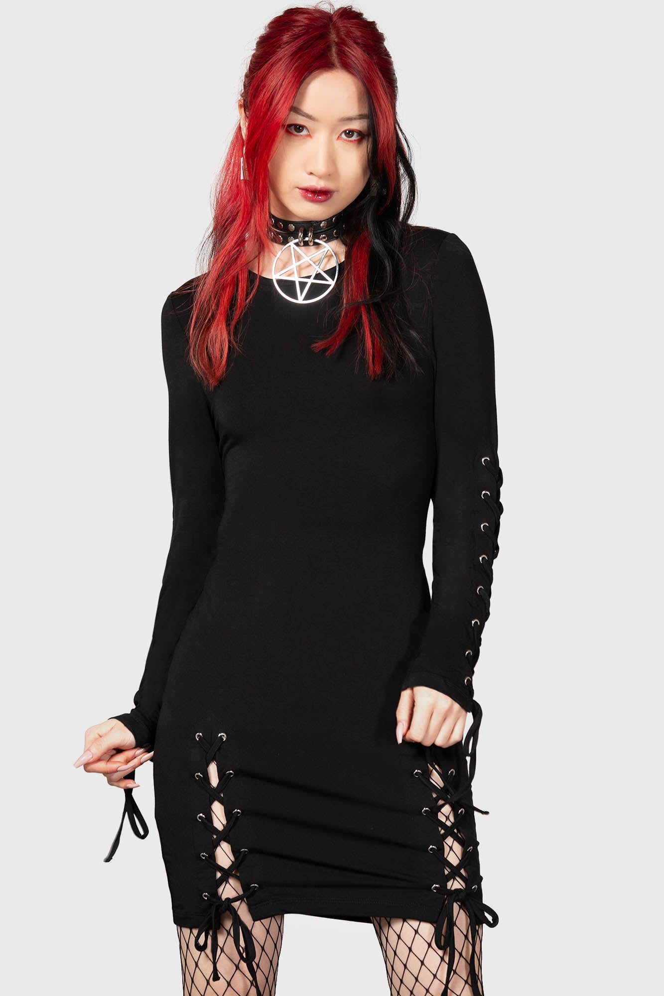 Killstar Rory Lace-Up Bodycon Dress - Long Sleeves & Stretch Fit