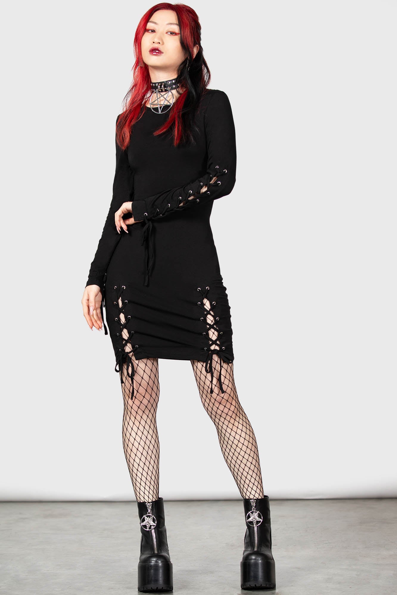 Killstar Rory Lace-Up Bodycon Dress - Long Sleeves & Stretch Fit