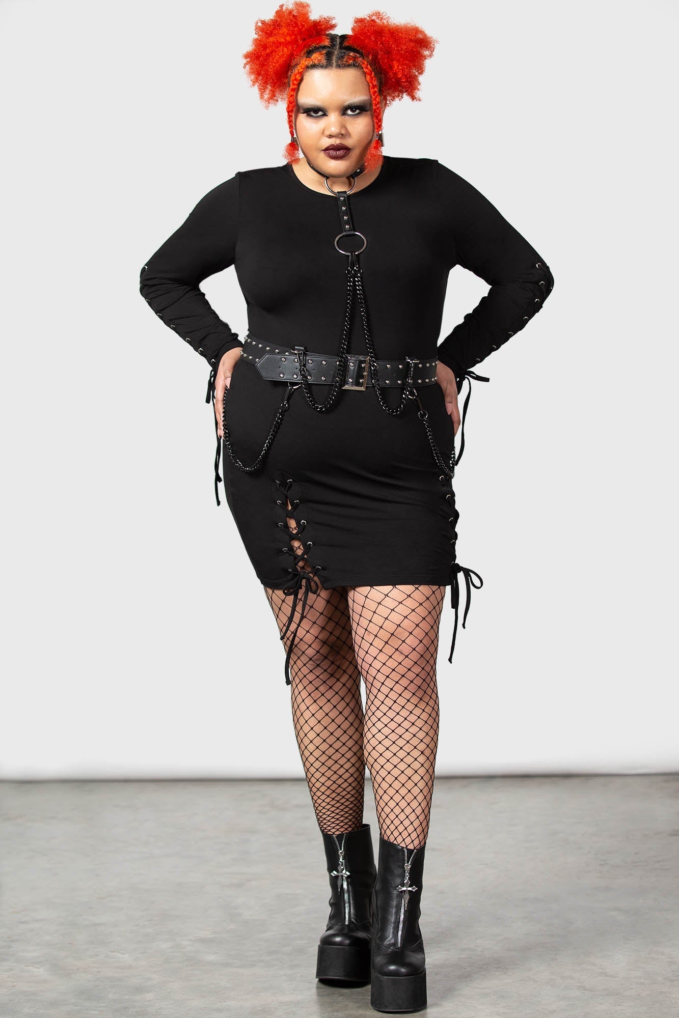 Killstar Rory Lace-Up Bodycon Dress - Long Sleeves & Stretch Fit