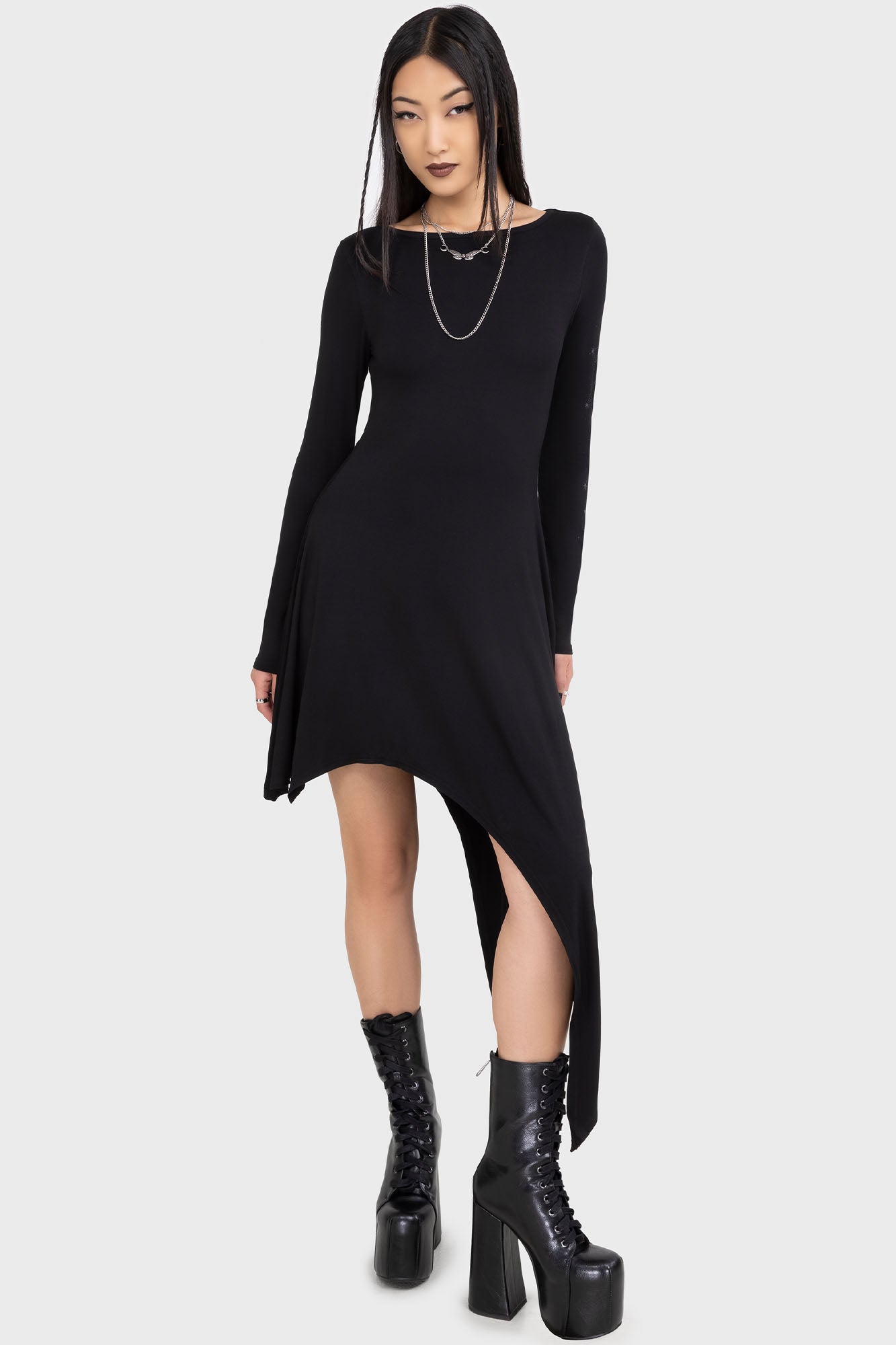 Kihilist Crescent Doom Midi Dress - Asymmetric Hem & Star Artwork