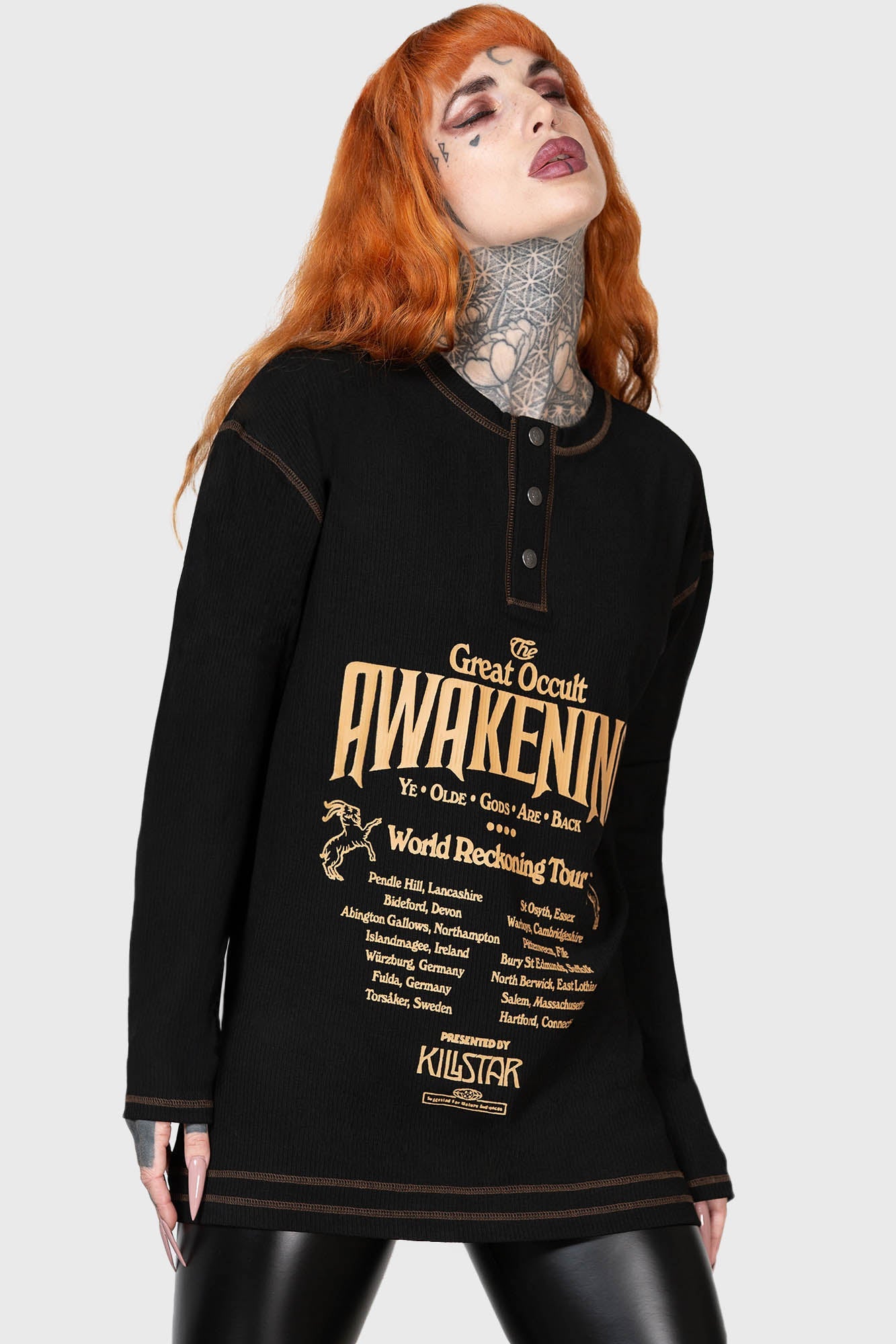 Killstar Otherworlds Henley Top with Skull Detail - Unisex Ribbed Tee