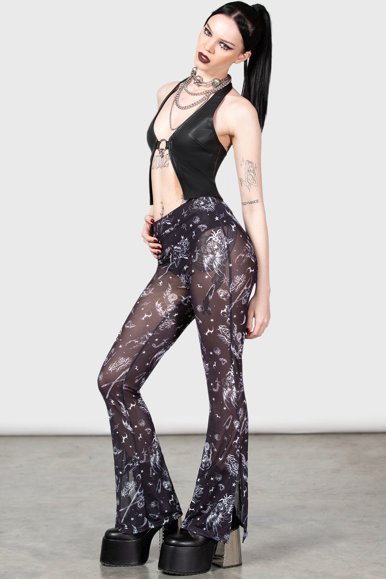 Killstar Dazed Skull Flared Mesh Pants with Elastic Waist