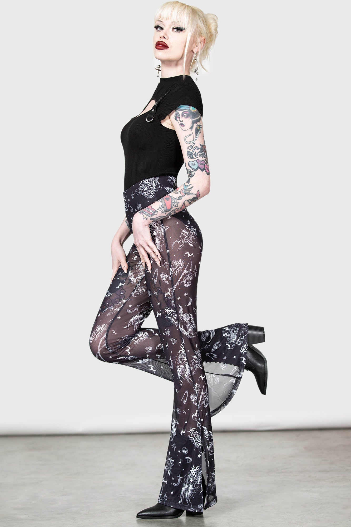 Killstar Dazed Skull Flared Mesh Pants with Elastic Waist