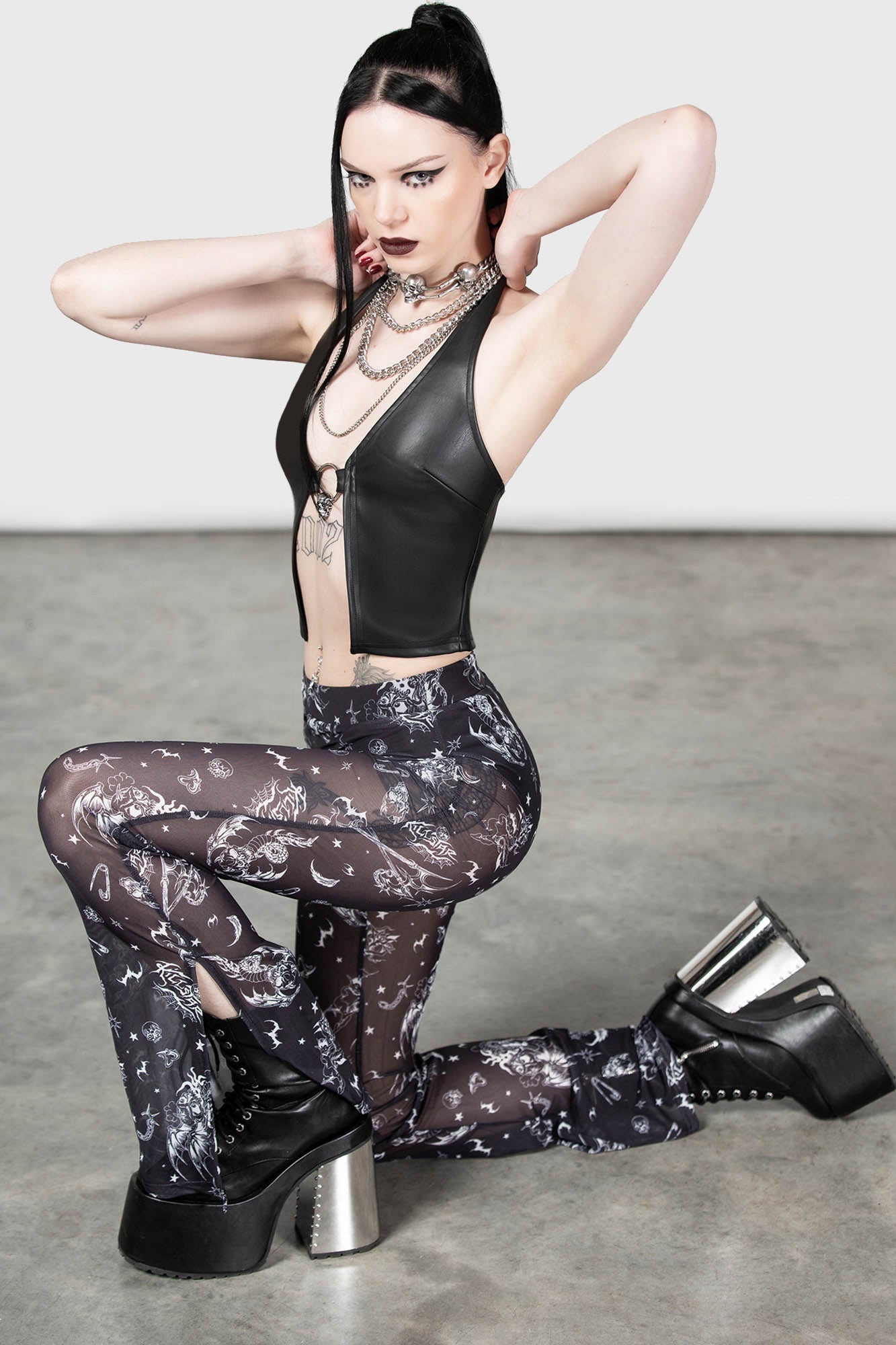 Killstar Dazed Skull Flared Mesh Pants with Elastic Waist