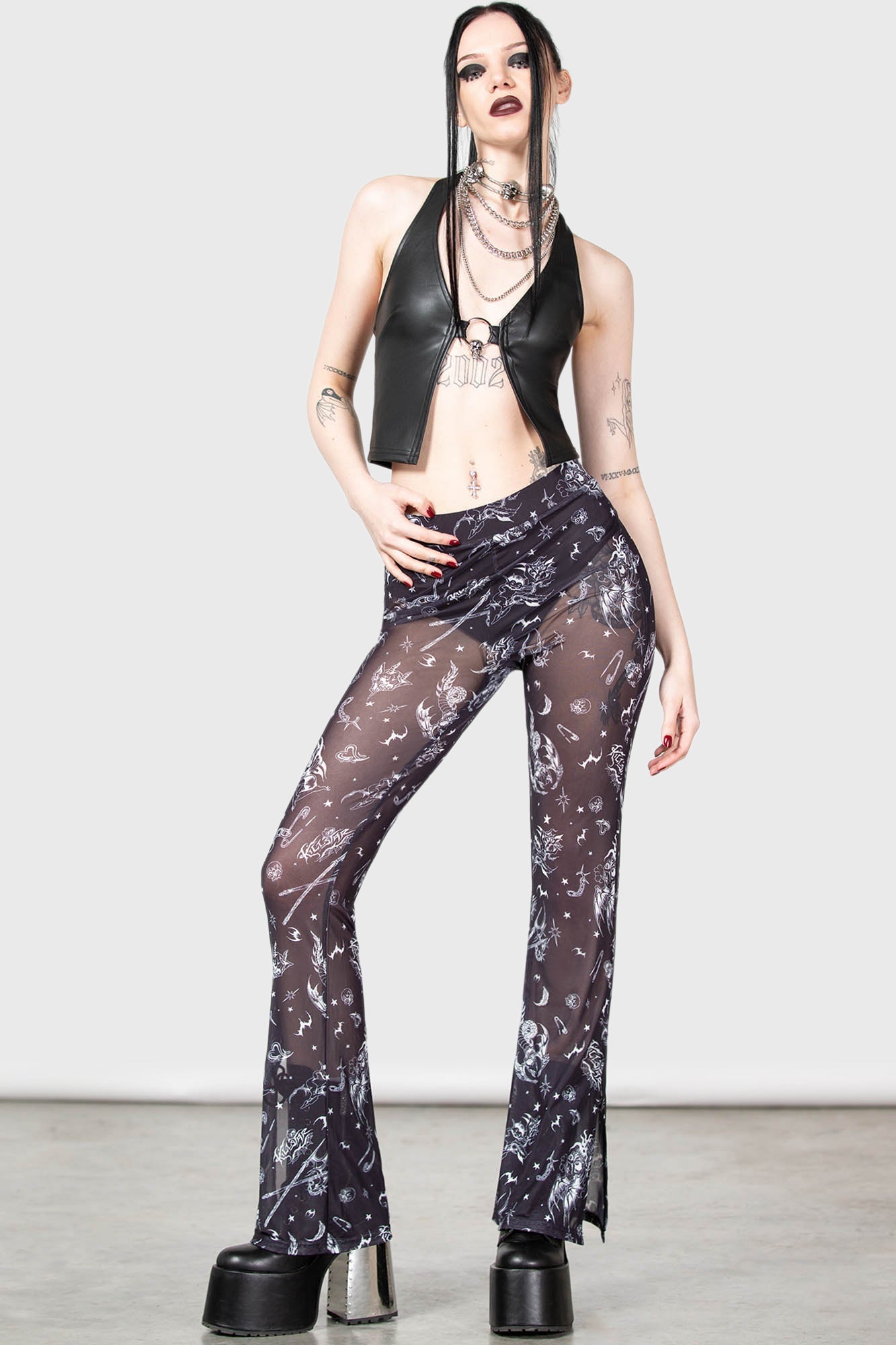 Killstar Dazed Skull Flared Mesh Pants with Elastic Waist