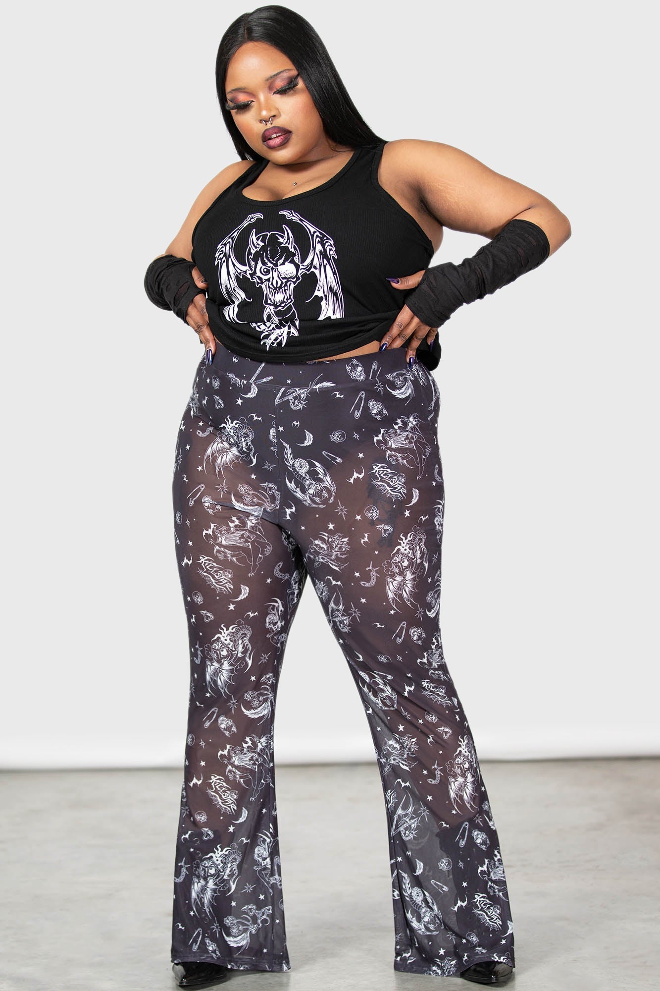 Killstar Dazed Skull Flared Mesh Pants with Elastic Waist