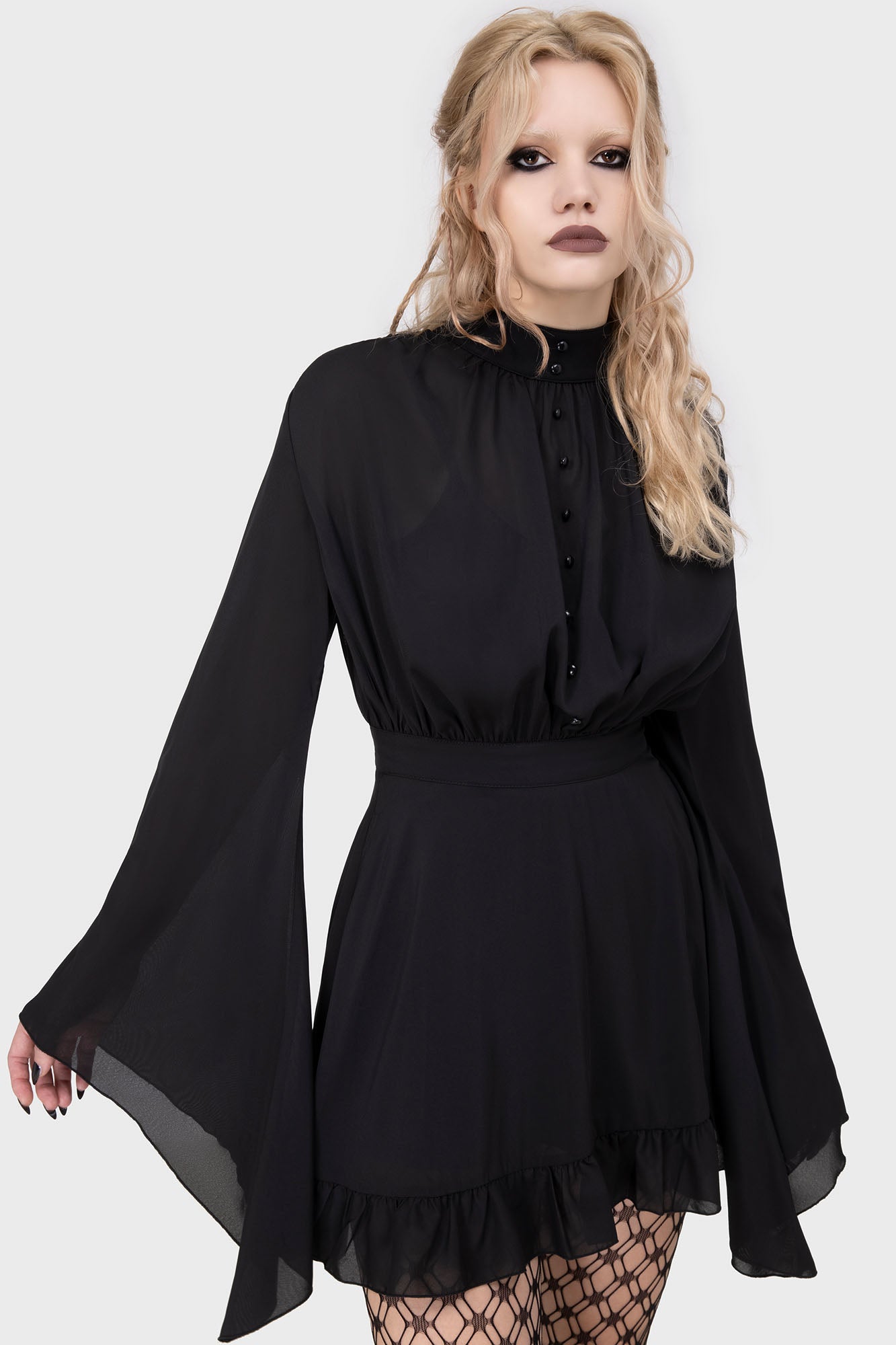 Killstar Darknova Mini Dress with Flared Sleeves & High Neck
