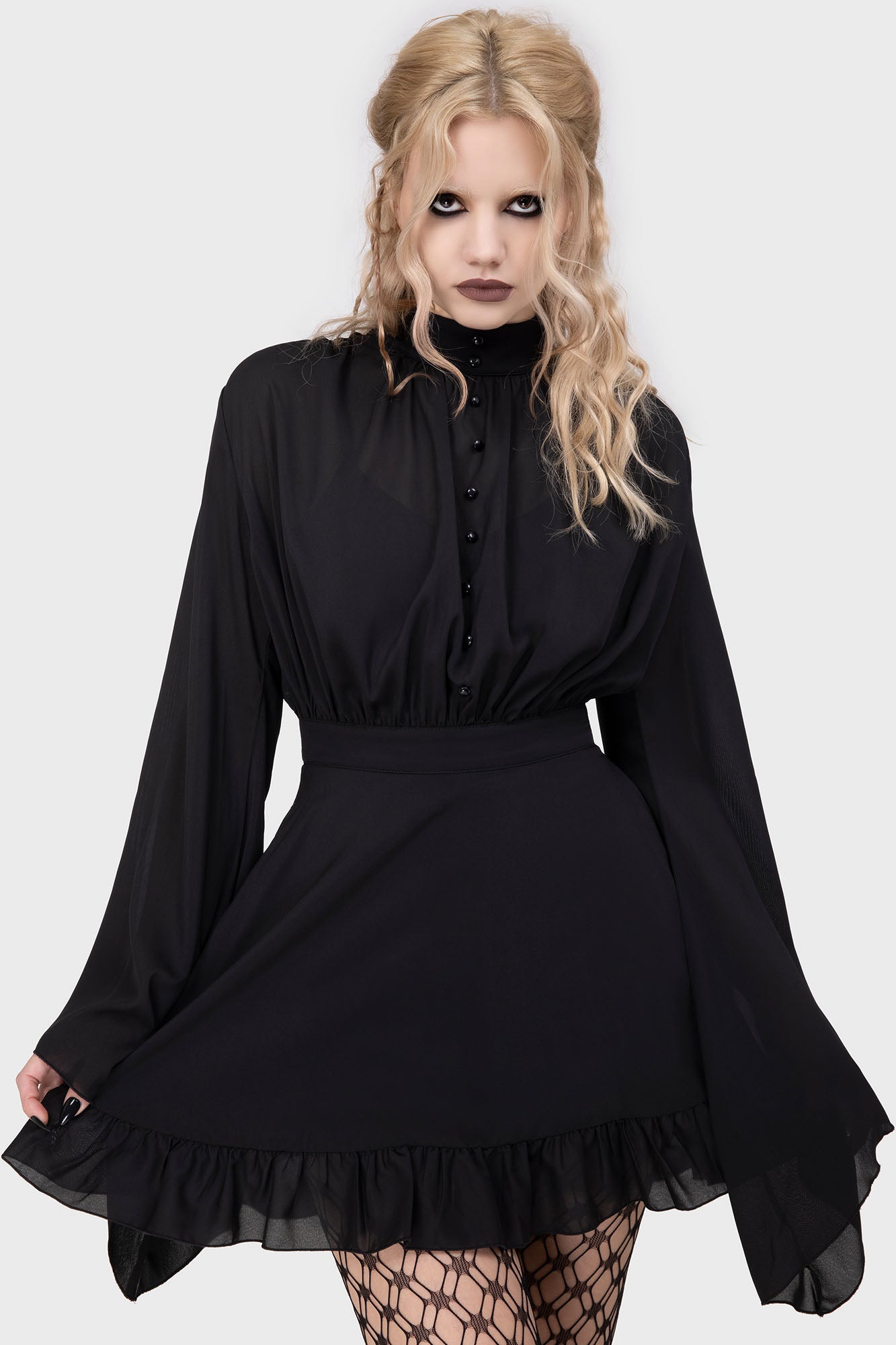 Killstar Darknova Mini Dress with Flared Sleeves & High Neck