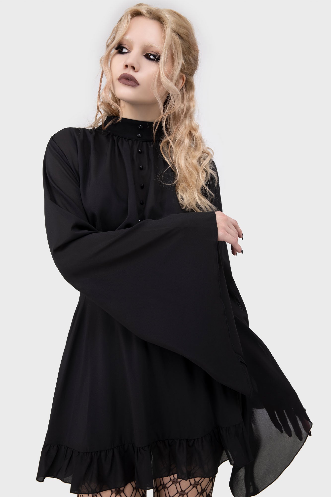 Killstar Darknova Mini Dress with Flared Sleeves & High Neck