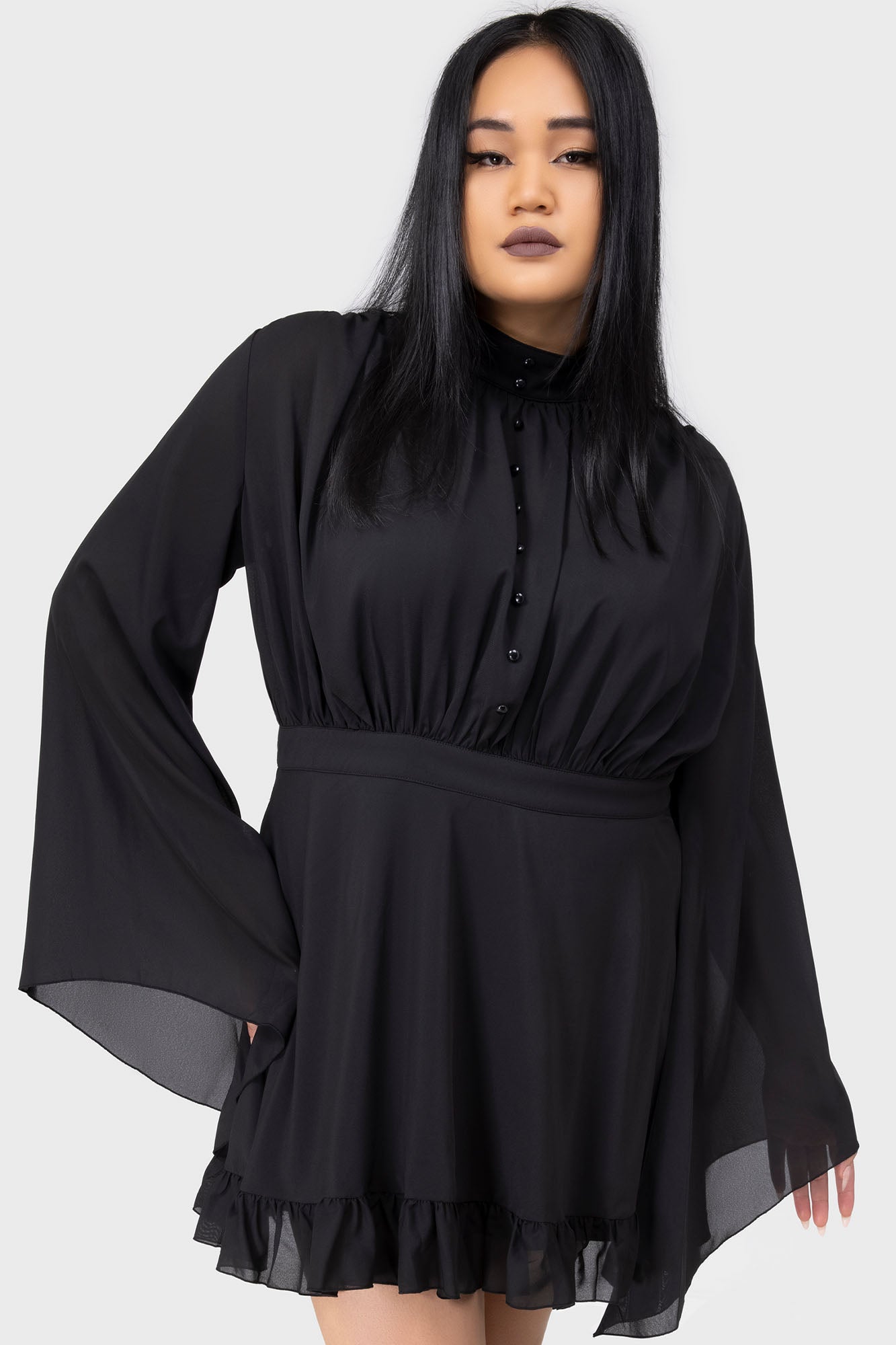 Killstar Darknova Mini Dress with Flared Sleeves & High Neck