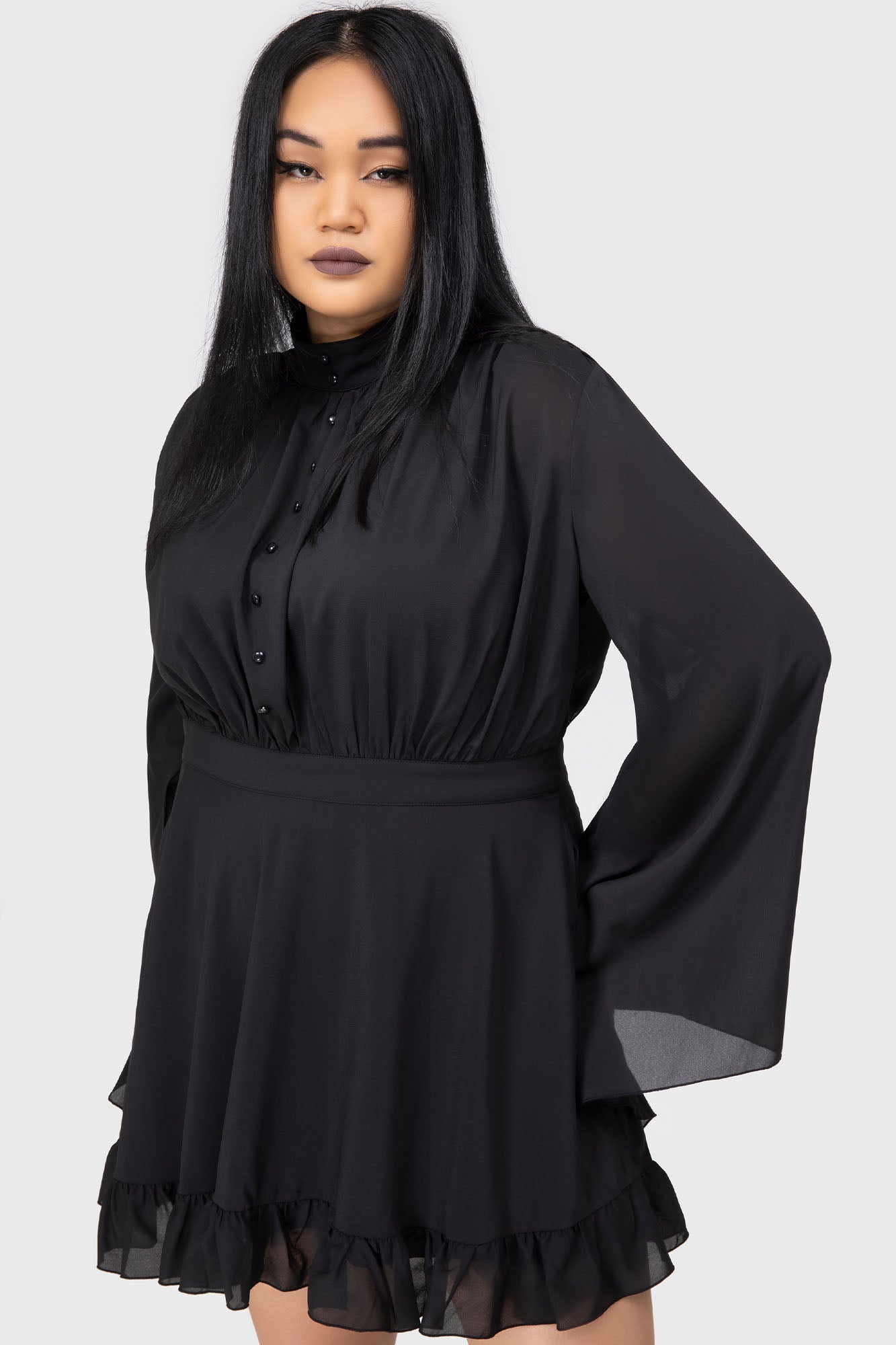 Killstar Darknova Mini Dress with Flared Sleeves & High Neck