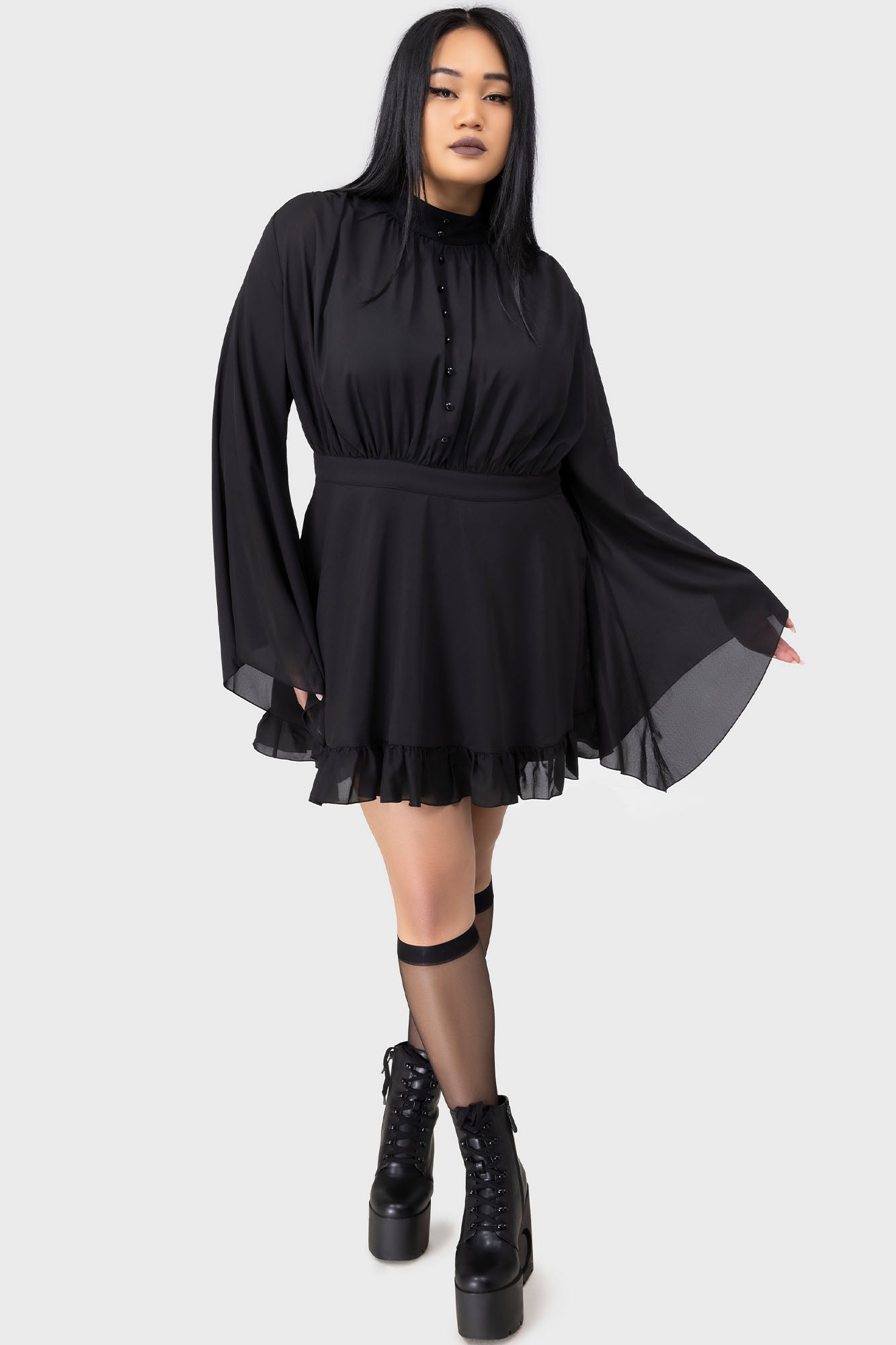 Killstar Darknova Mini Dress with Flared Sleeves & High Neck