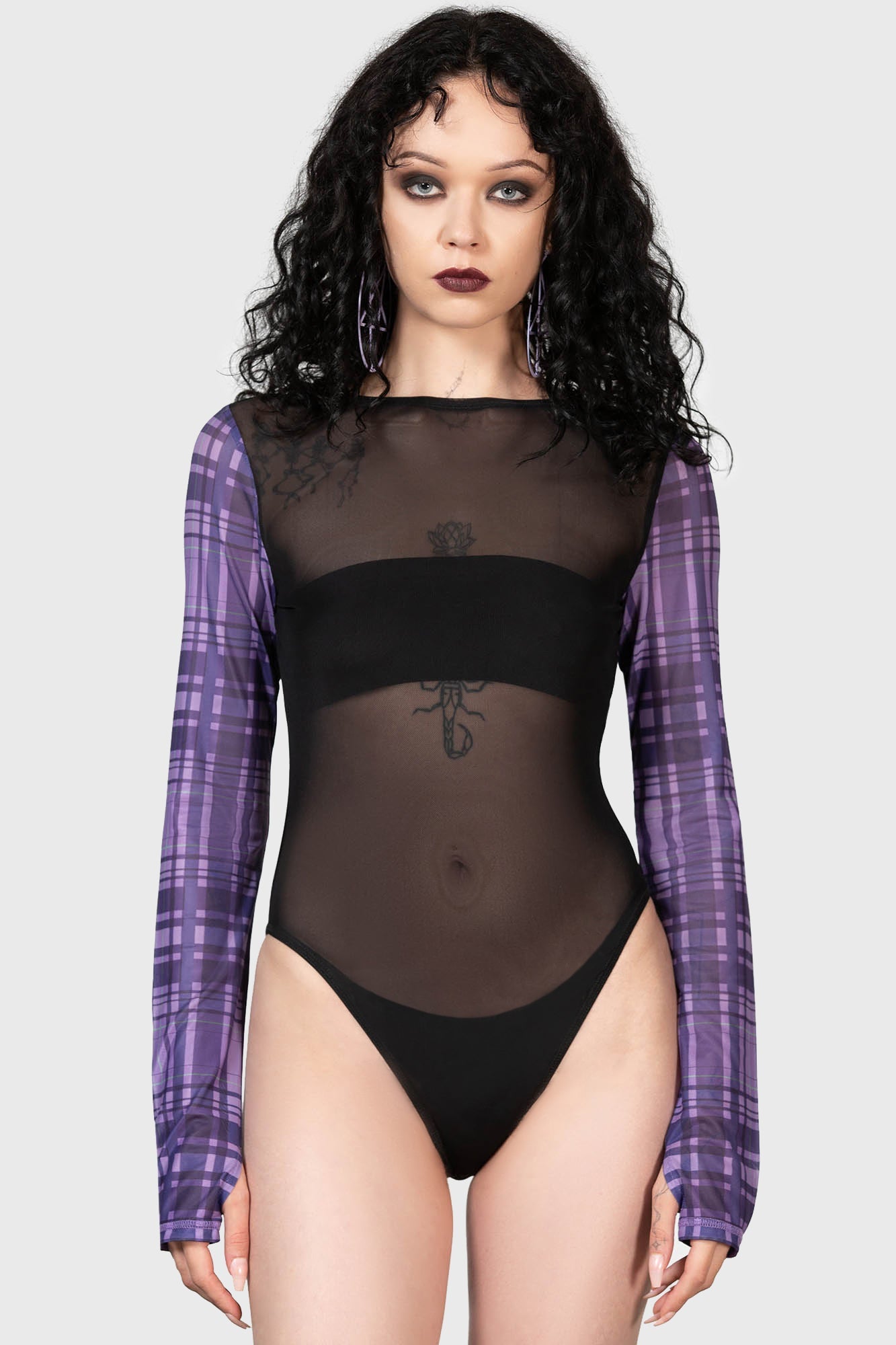 Purple & Green Tartan Mesh Bodysuit with Thumbholes - Sweetheart Dreams