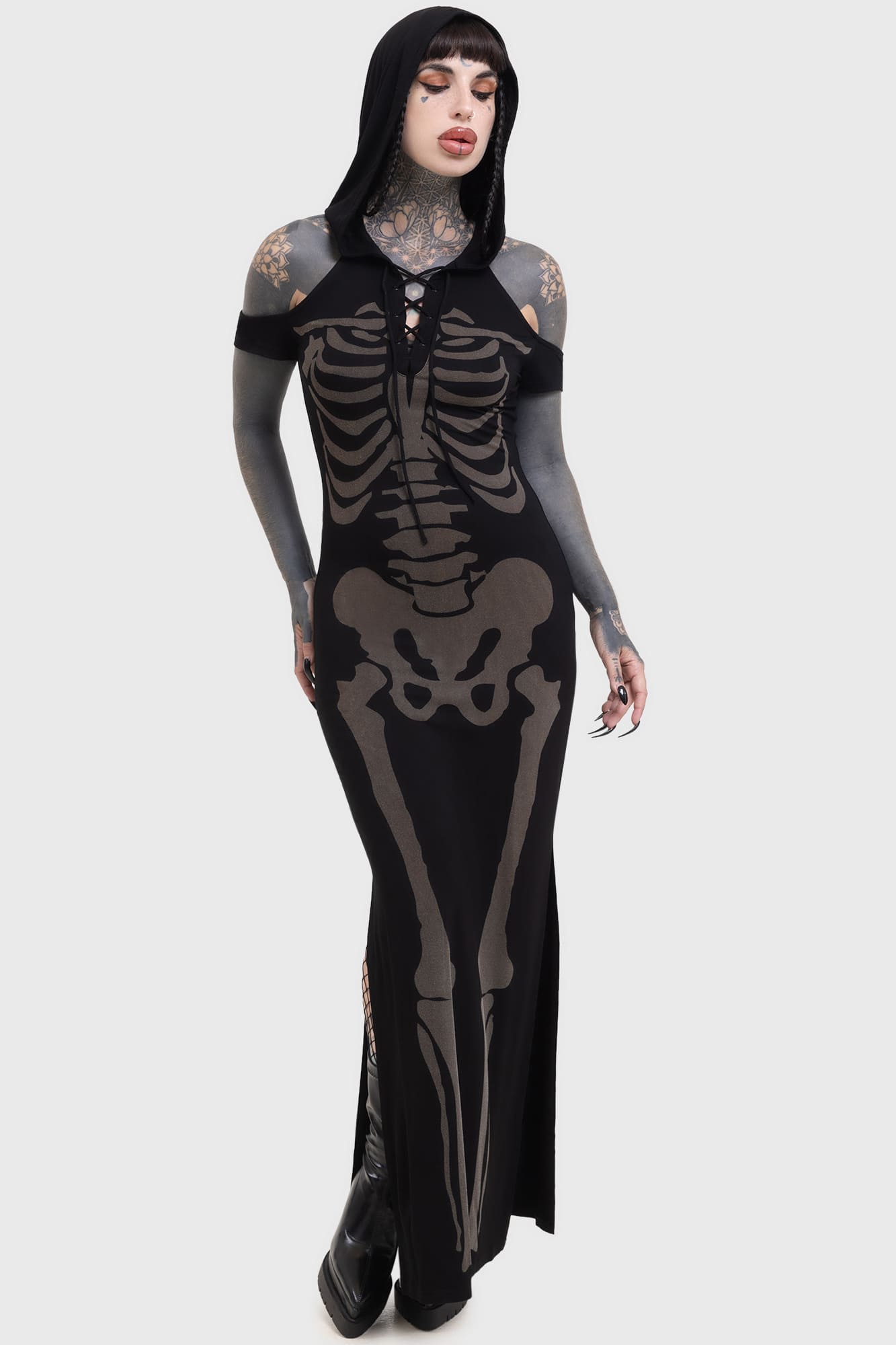 Killstar Catacomb Skeleton Print Maxi Dress with Hood
