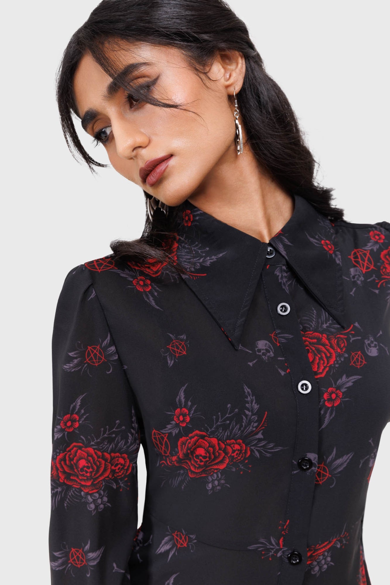 Killstar Pandora Floral Skull Chiffon Shirt Dress