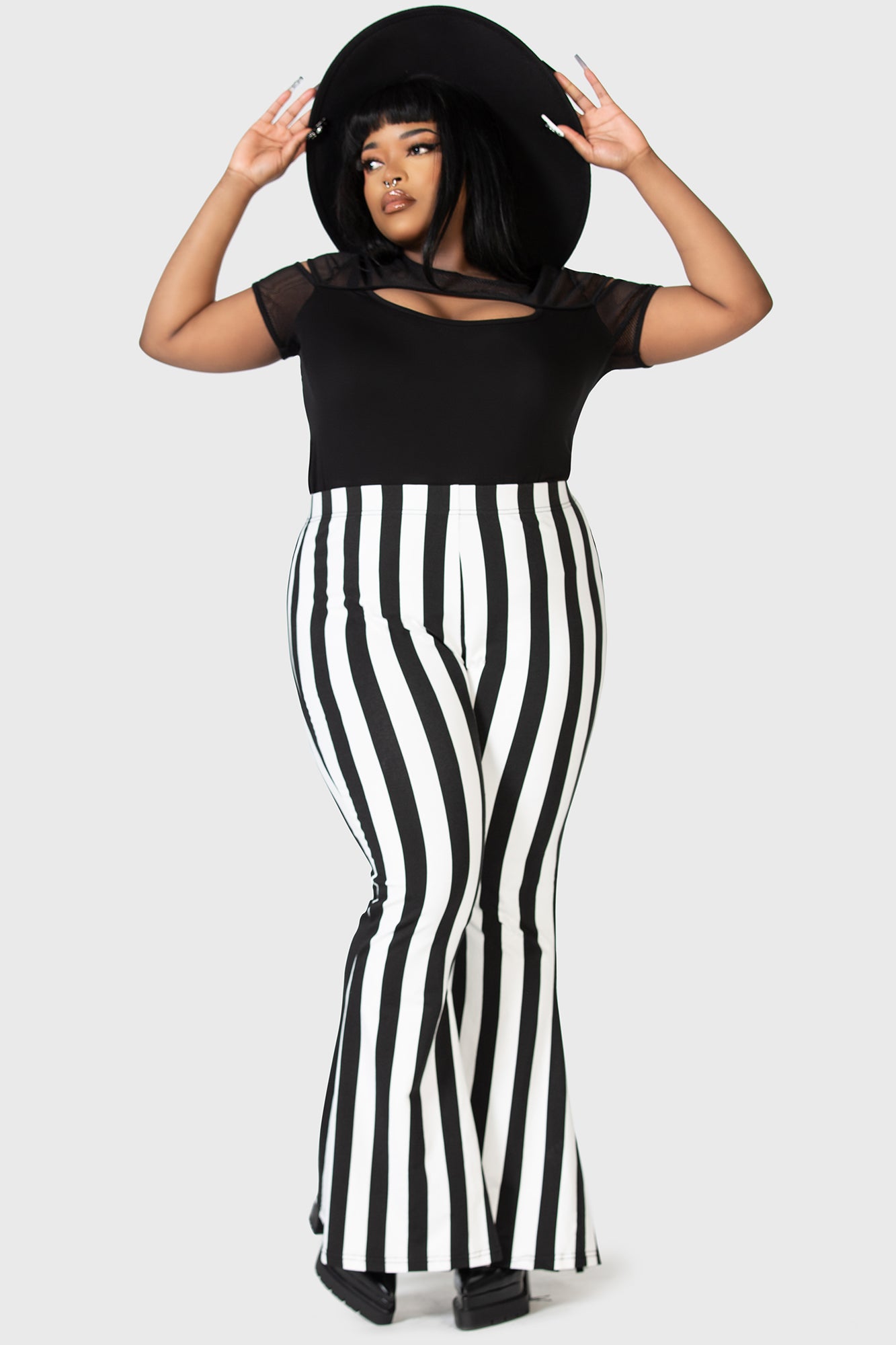 KILLSTAR Inferno Room Flare Pants - White Stripe, Stretch Fabric