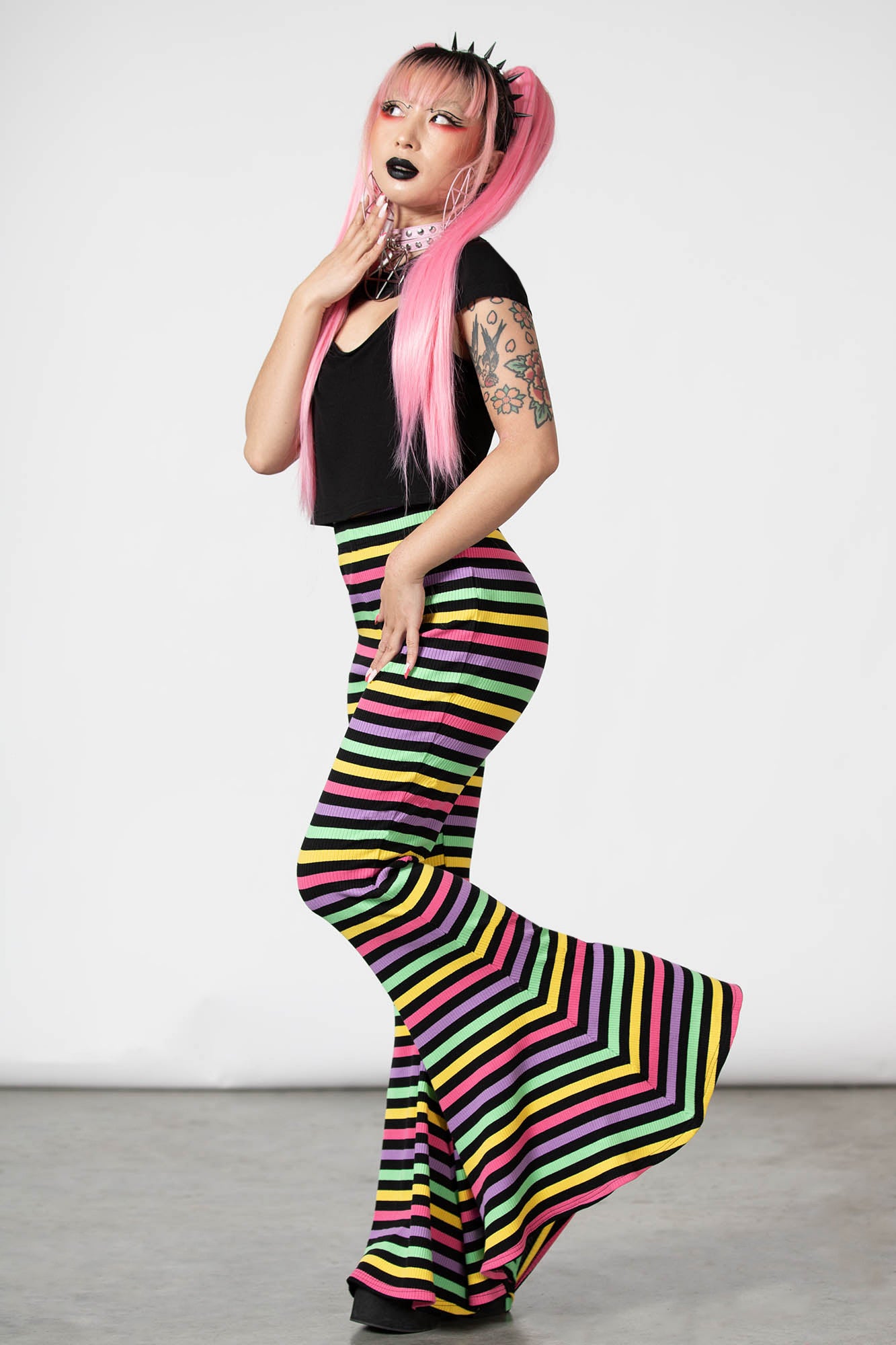 KILLSTAR Prismatic Flare Pants - Ribbed Cotton with Elastic Waistband