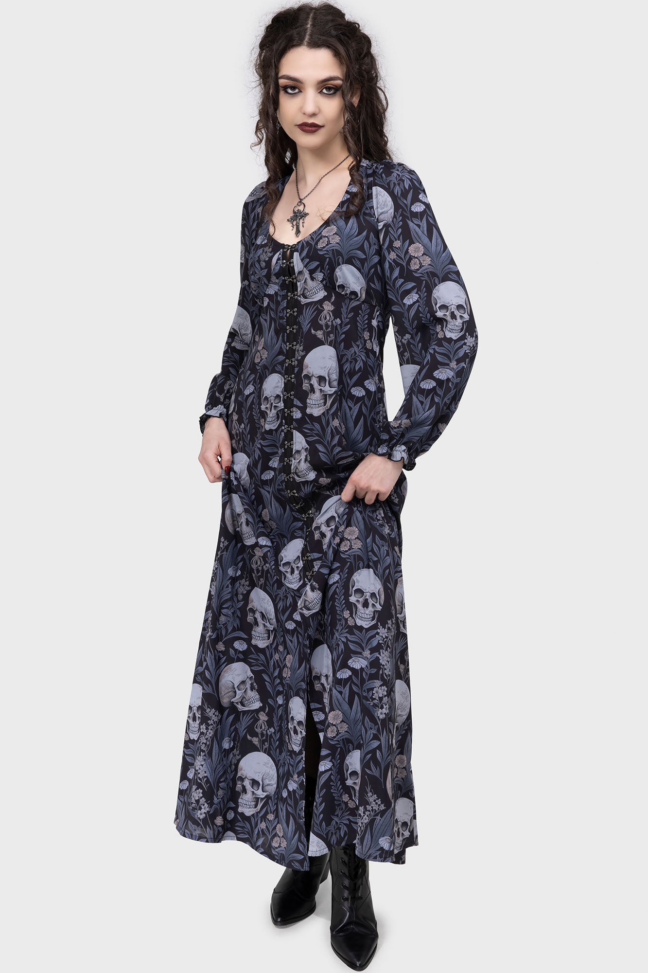 KILLSTAR Death's Head Skull & Floral Maxi Dress with Pockets