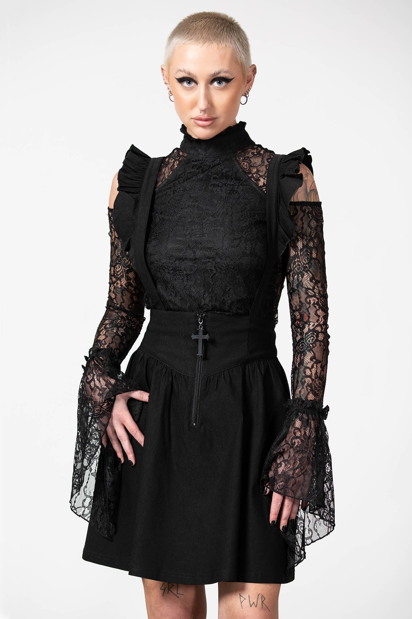Killstar Yuna Black Suspender Skirt with Ruffled Straps