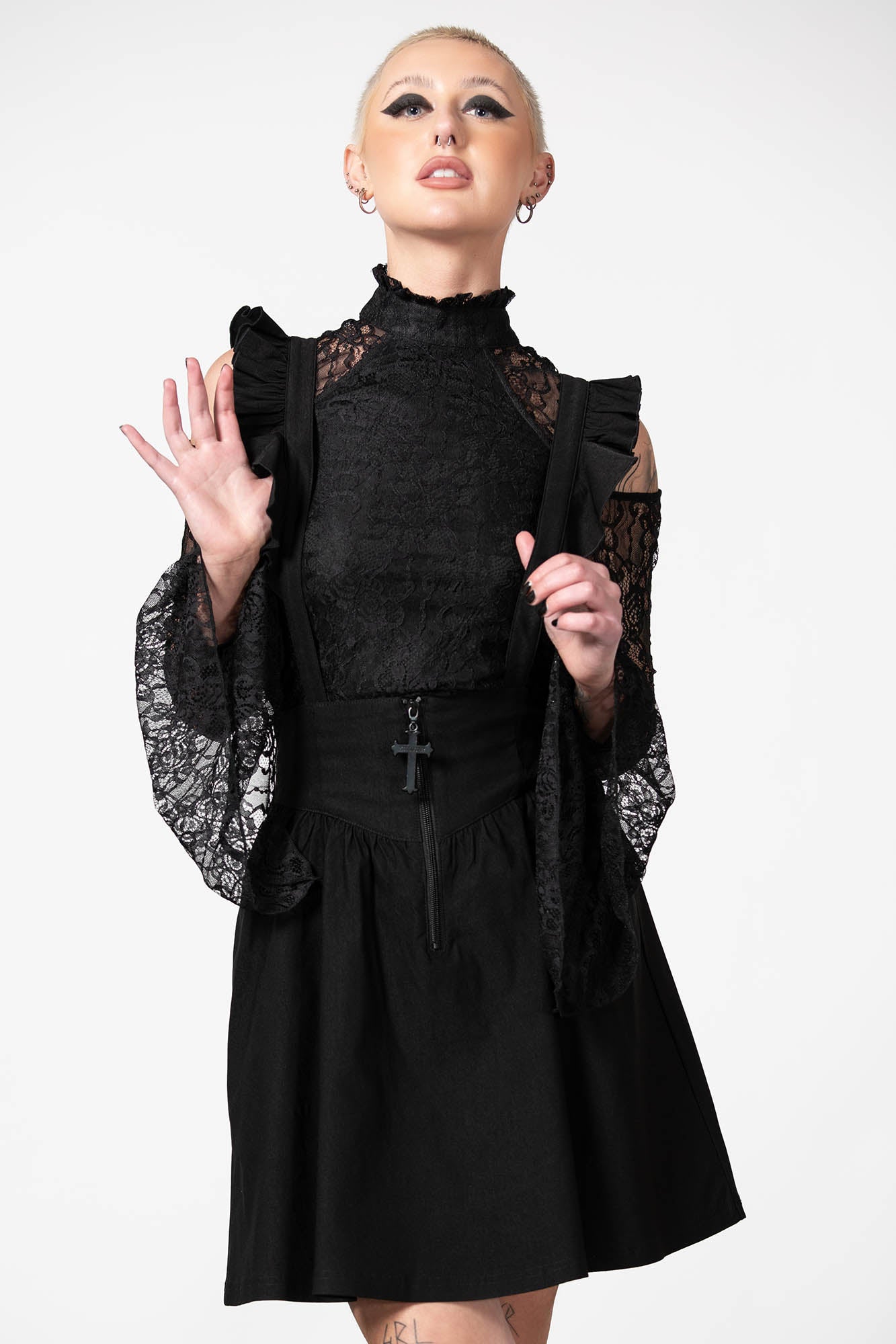 Killstar Yuna Black Suspender Skirt with Ruffled Straps