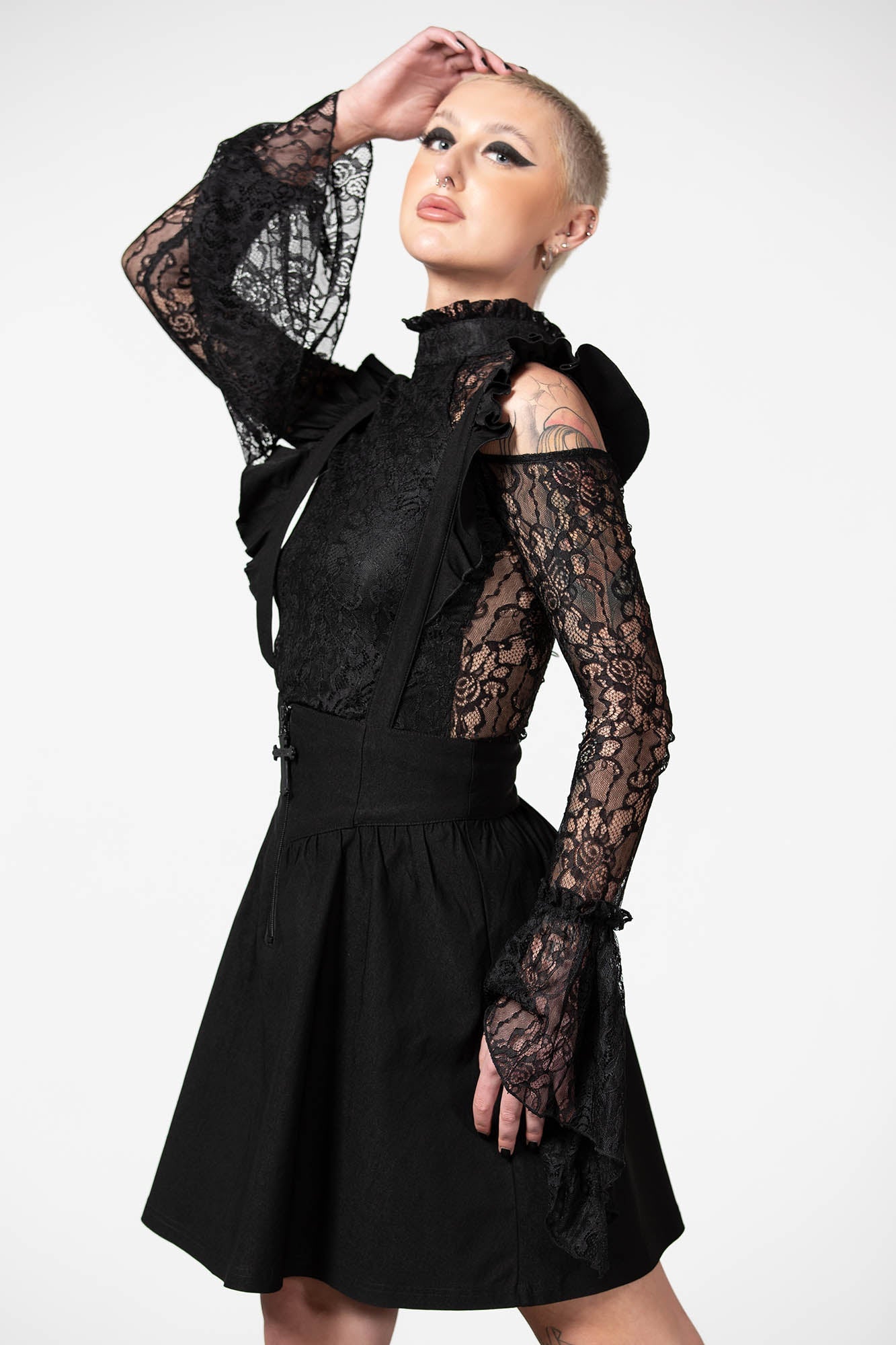 Killstar Yuna Black Suspender Skirt with Ruffled Straps