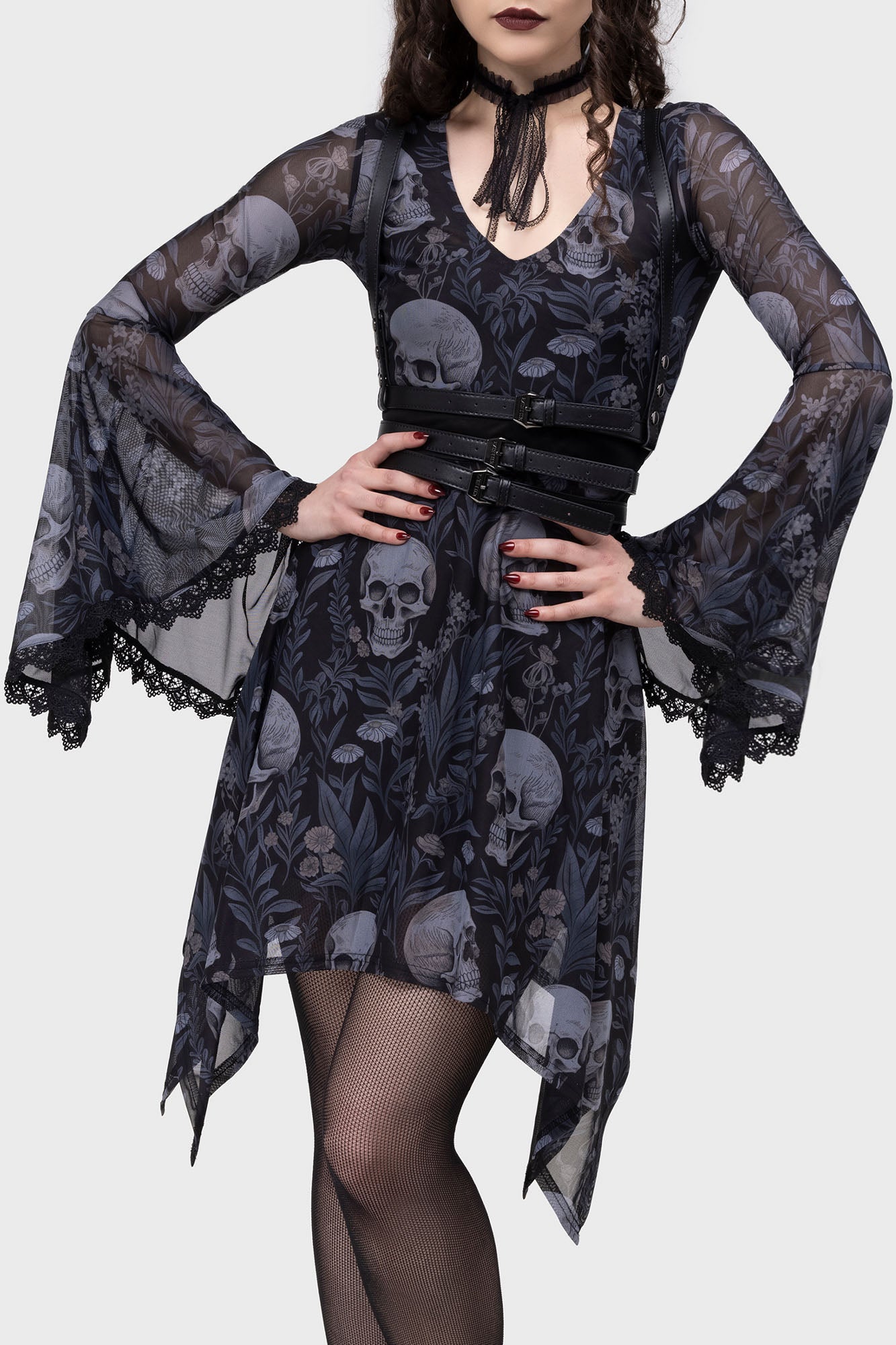Killstar Death's Head Skull & Floral Mesh Skater Dress