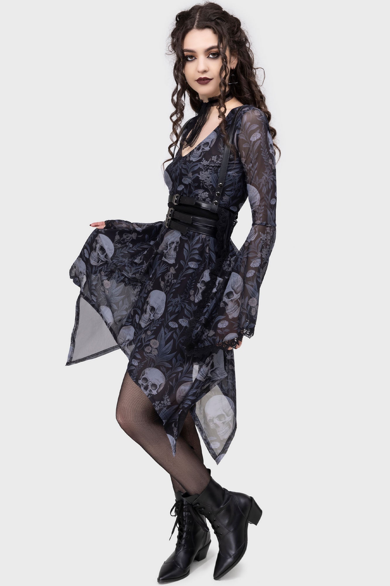 Killstar Death's Head Skull & Floral Mesh Skater Dress