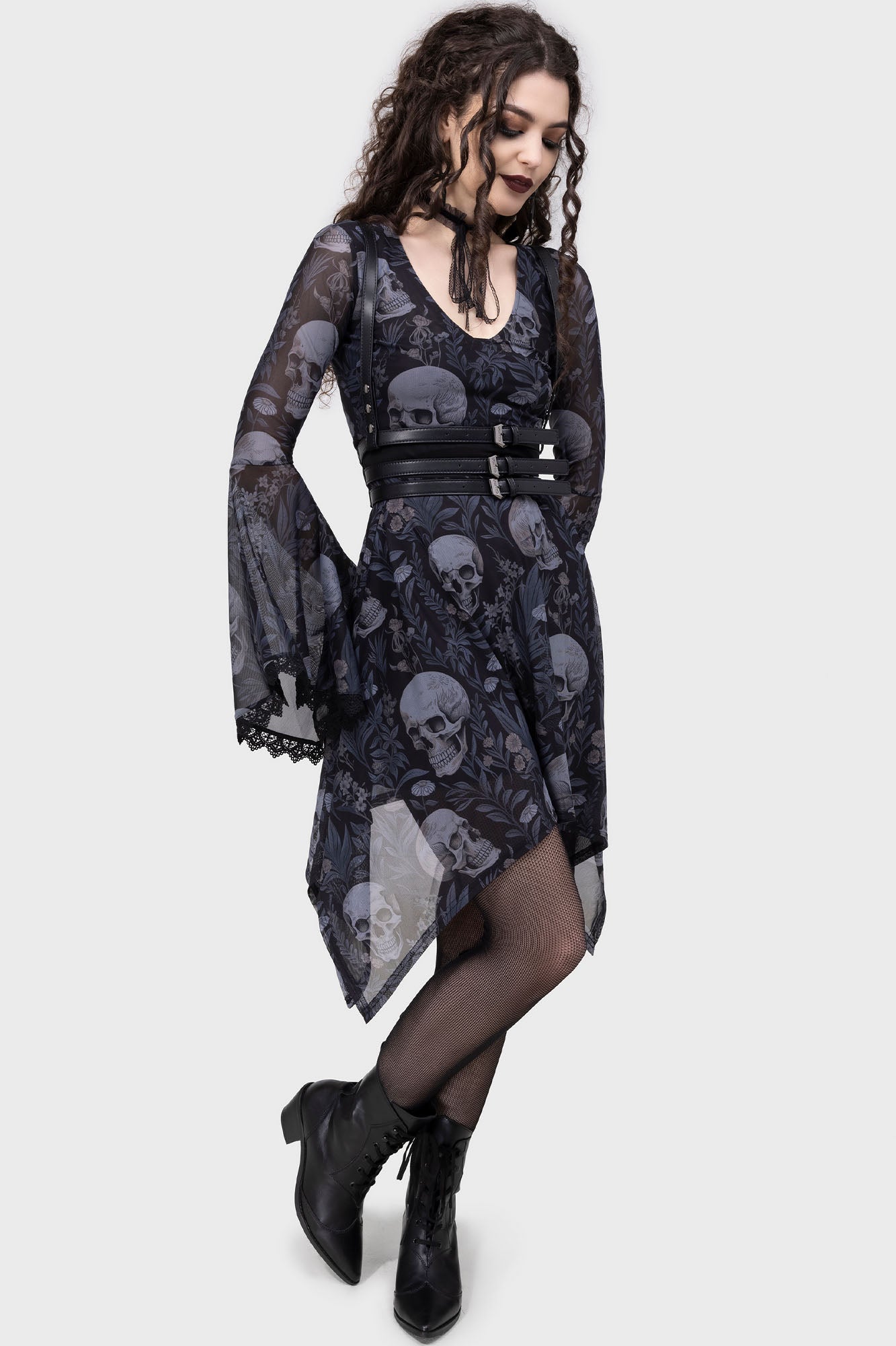 Killstar Death's Head Skull & Floral Mesh Skater Dress