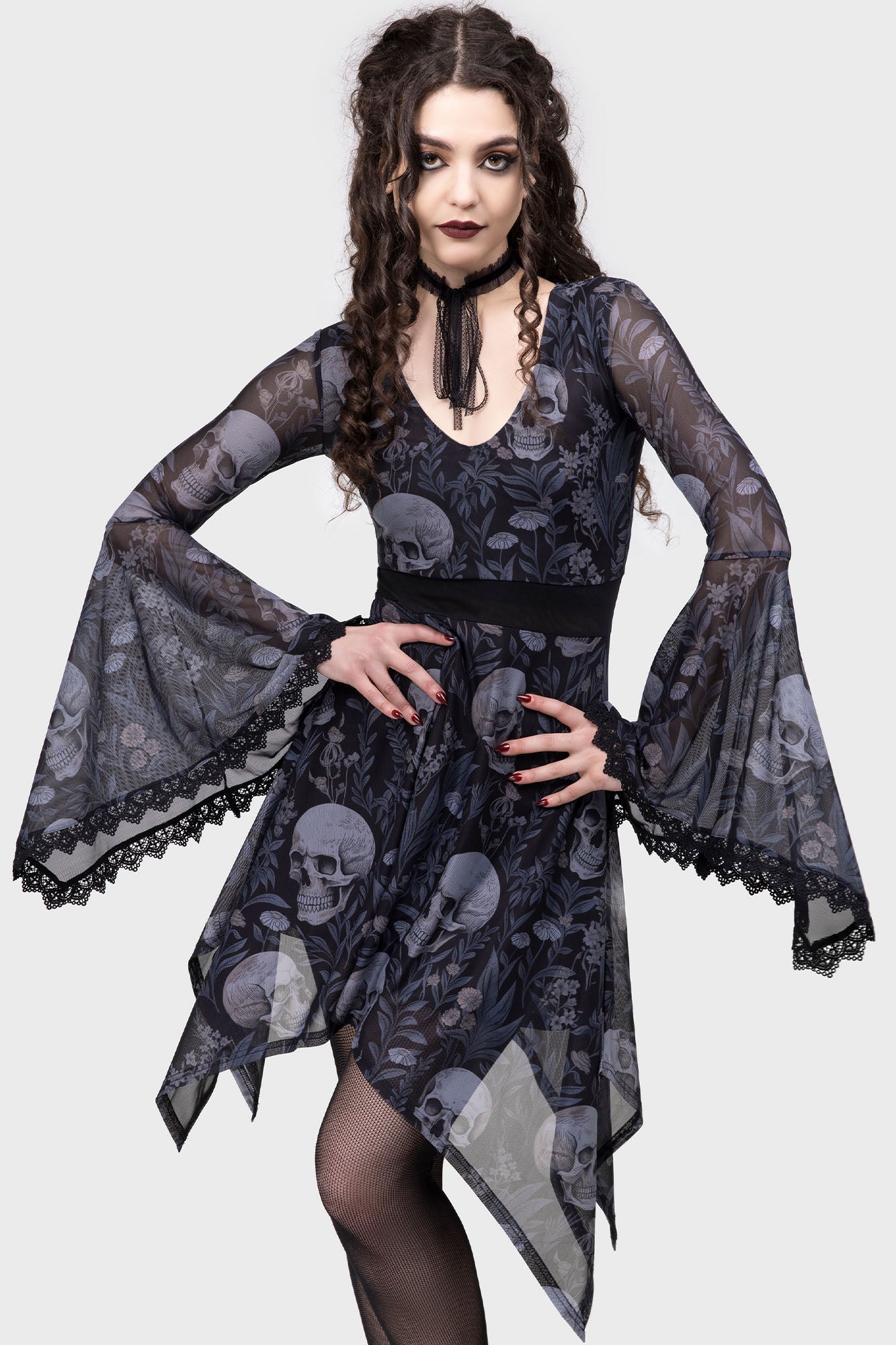 Killstar Death's Head Skull & Floral Mesh Skater Dress