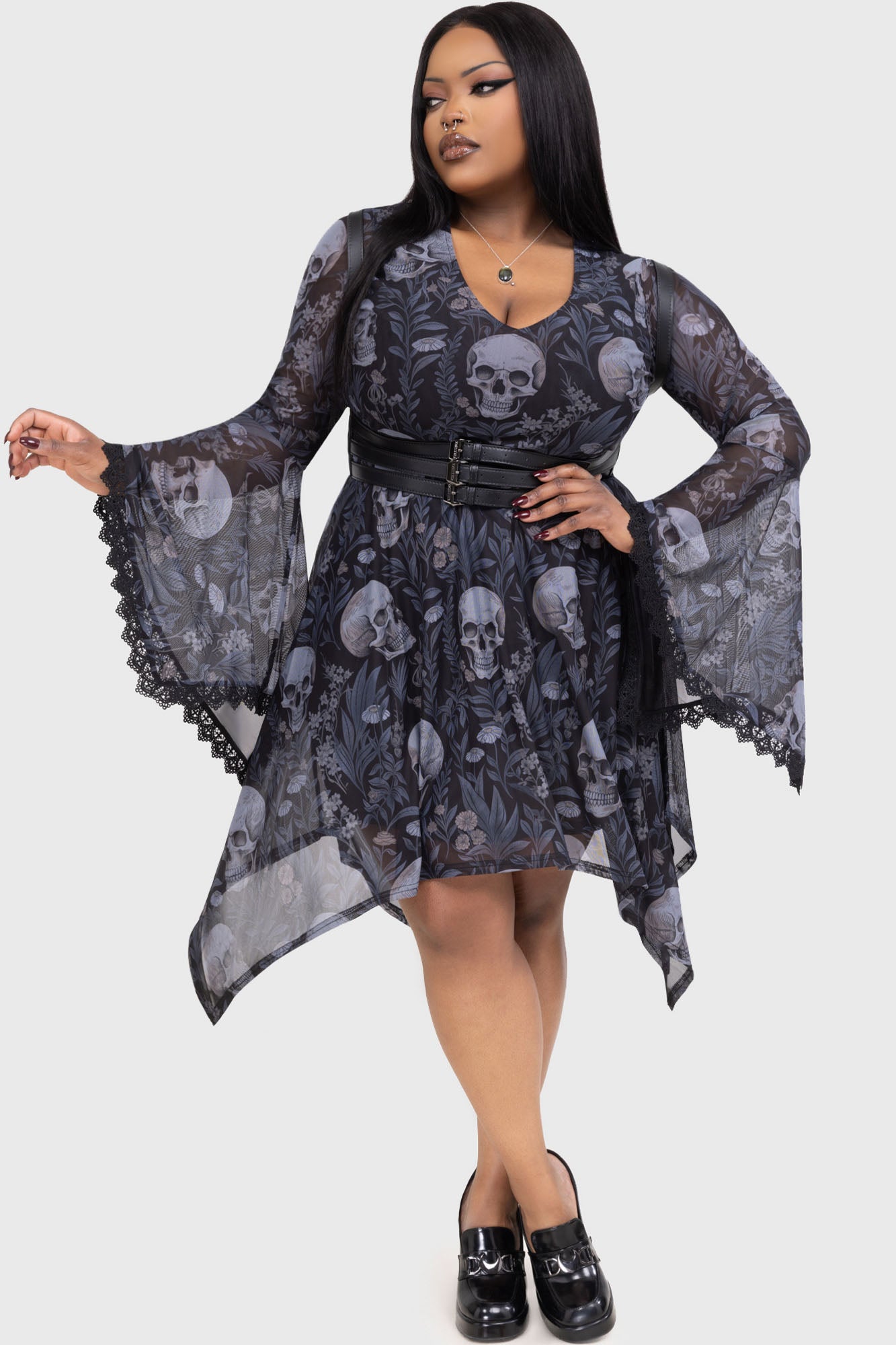 Killstar Death's Head Skull & Floral Mesh Skater Dress