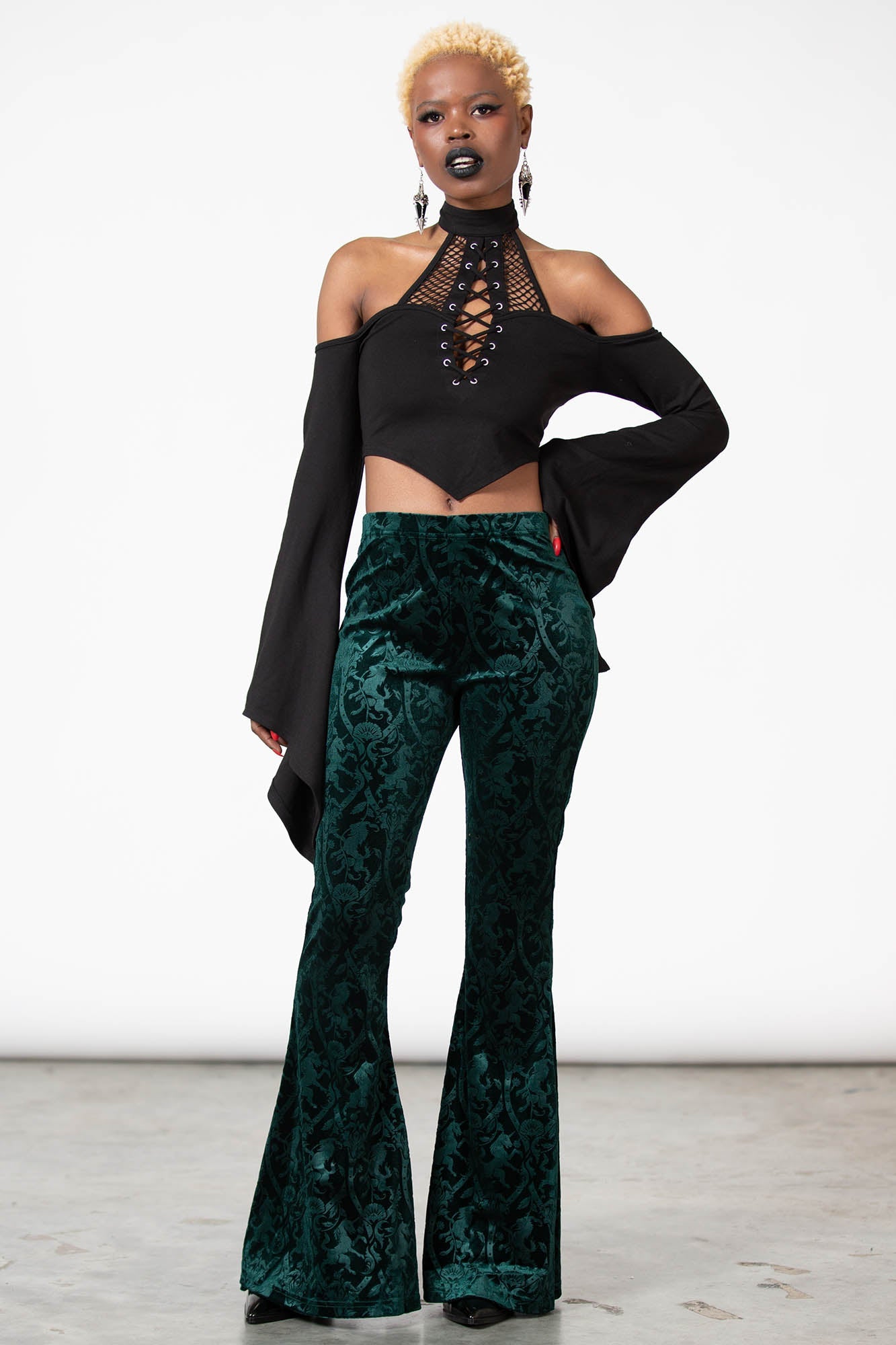 Killstar Dark Dynasty Velvet Flare Pants - Emerald