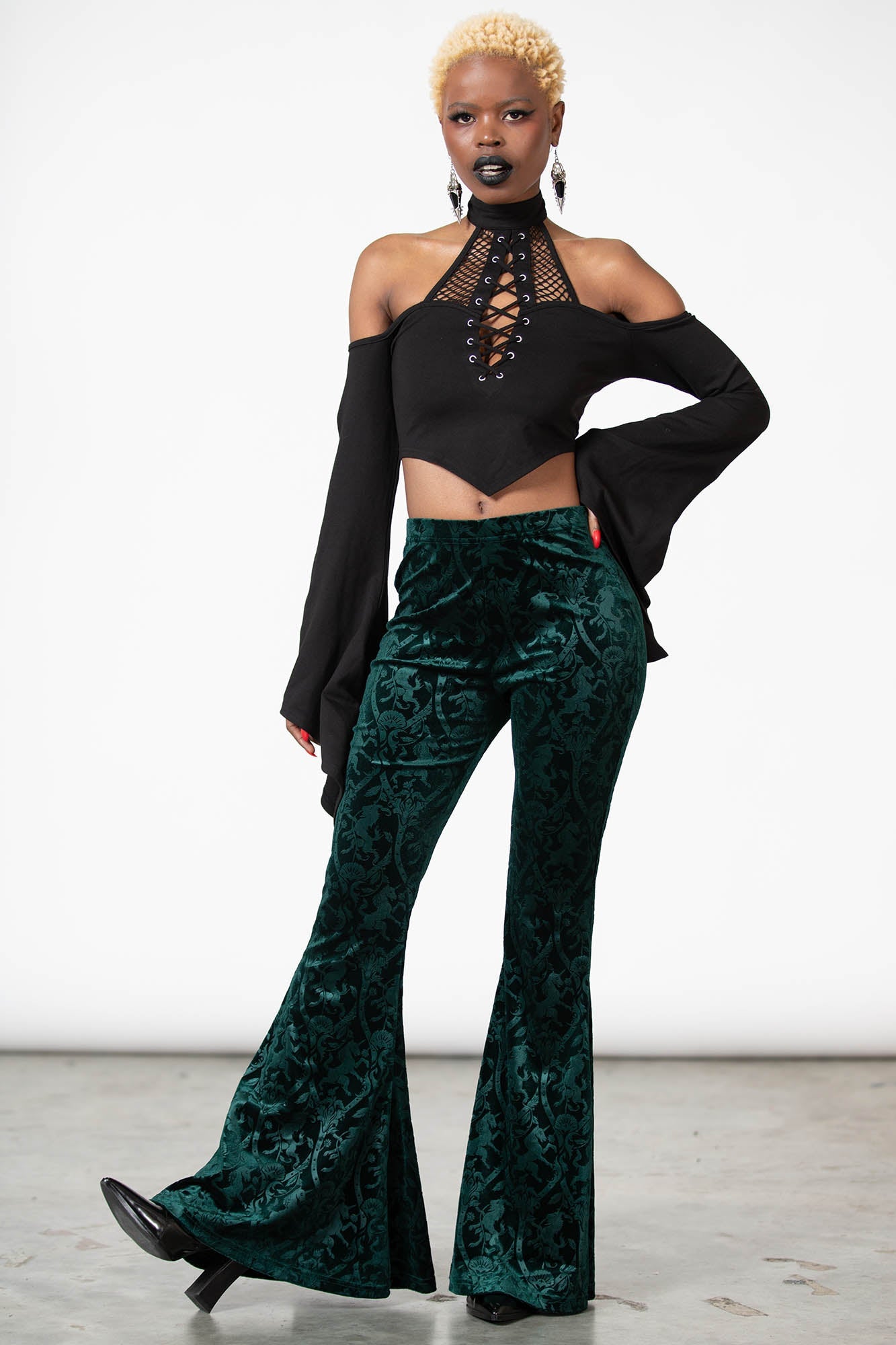 Killstar Dark Dynasty Velvet Flare Pants - Emerald