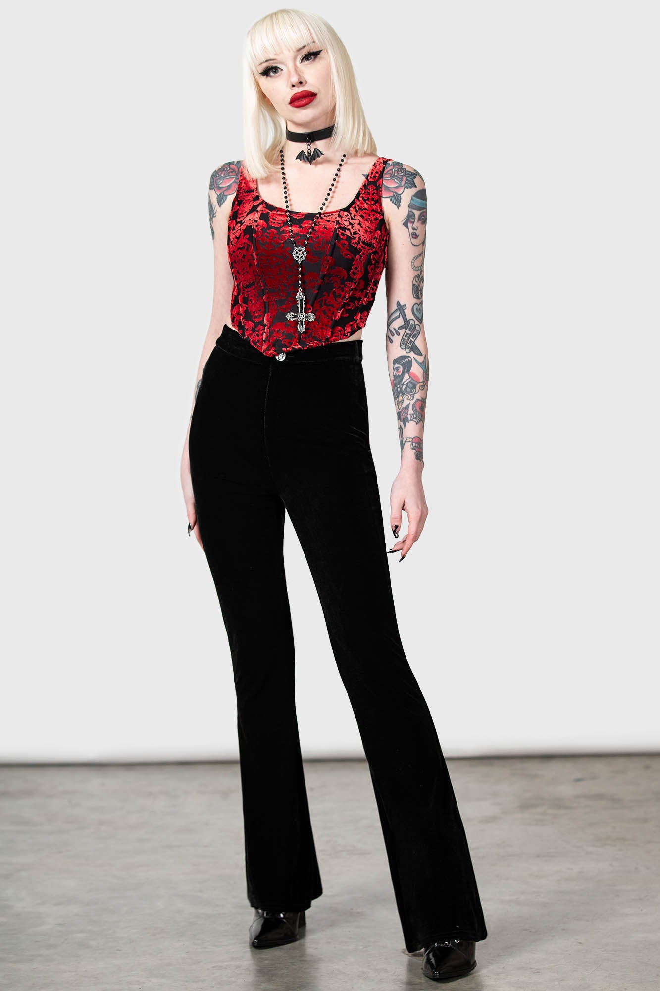 Killstar Velvet Bootcut Trousers - High Waisted Stretch Pants