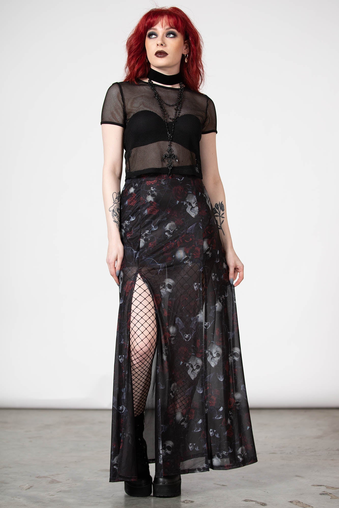 Kleadora Gothic Print Mesh Maxi Skirt with Side Splits
