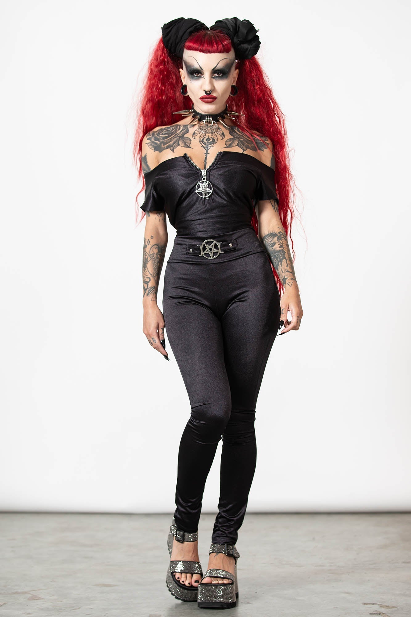 Killstar Vervain Baphomet Zip Bardot Top - Stretch Shiny Fabric