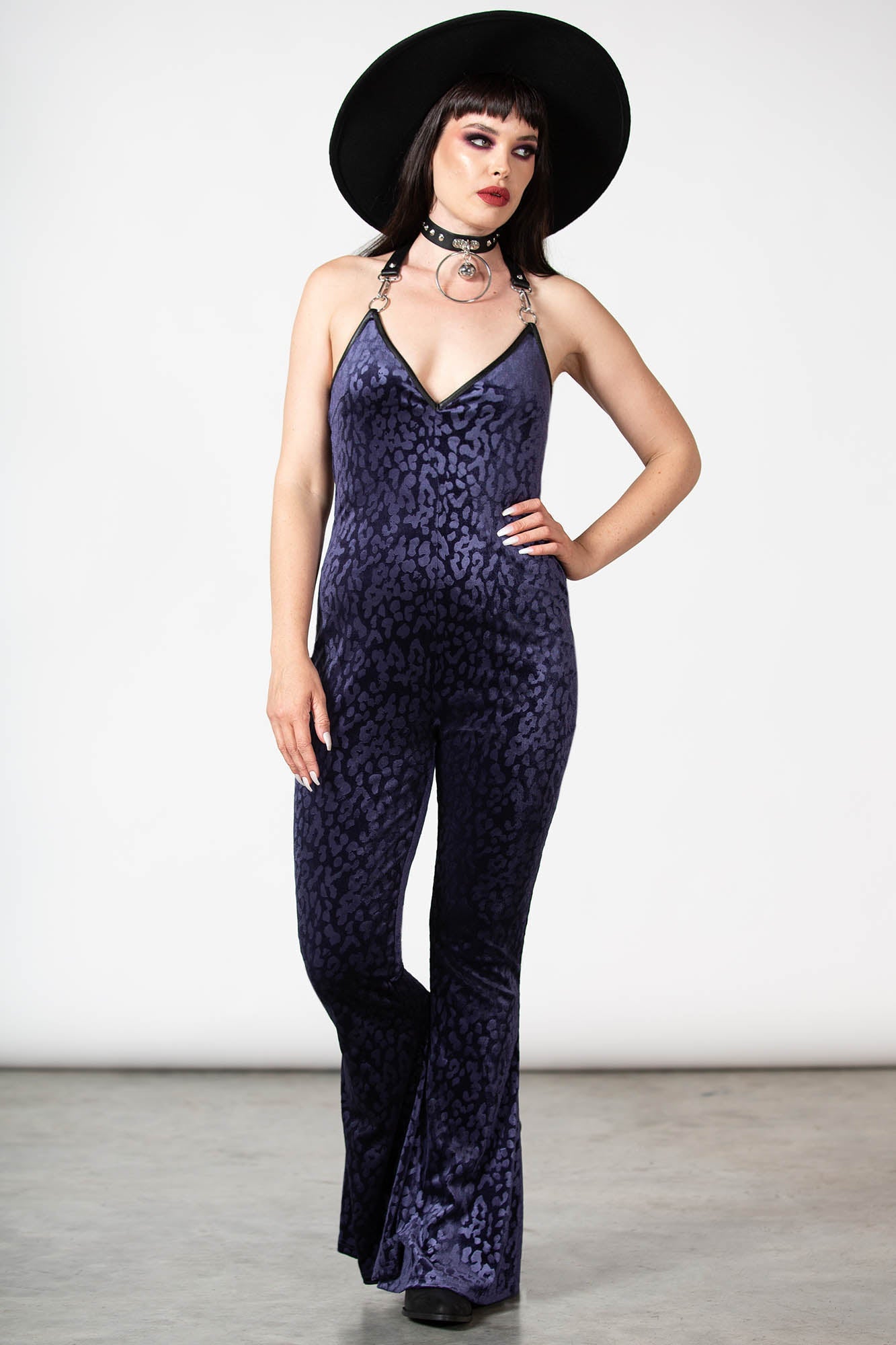 Killstar Huntress Velvet Halter Catsuit - Leopard Print & Bell Bottoms