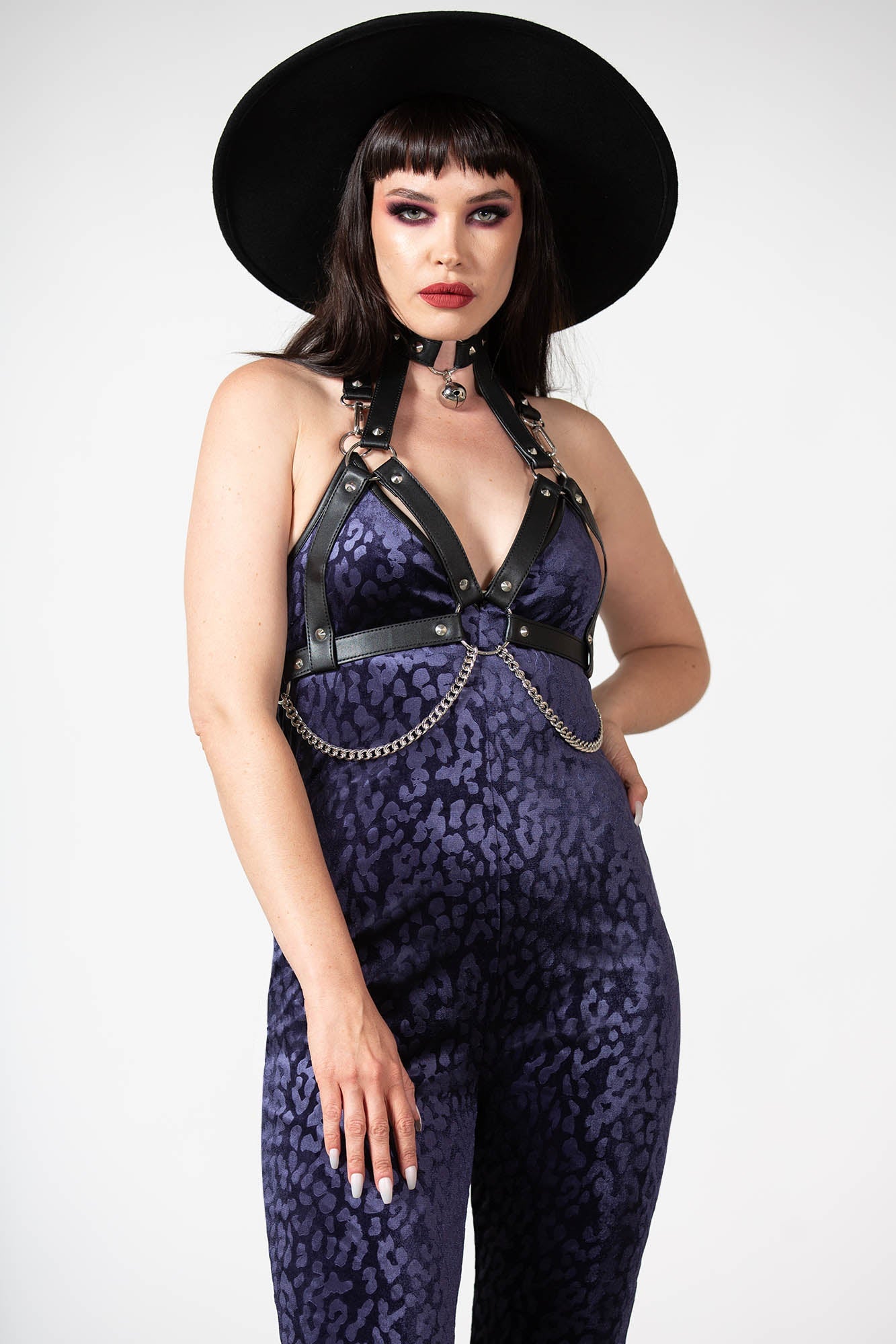 Killstar Huntress Velvet Halter Catsuit - Leopard Print & Bell Bottoms