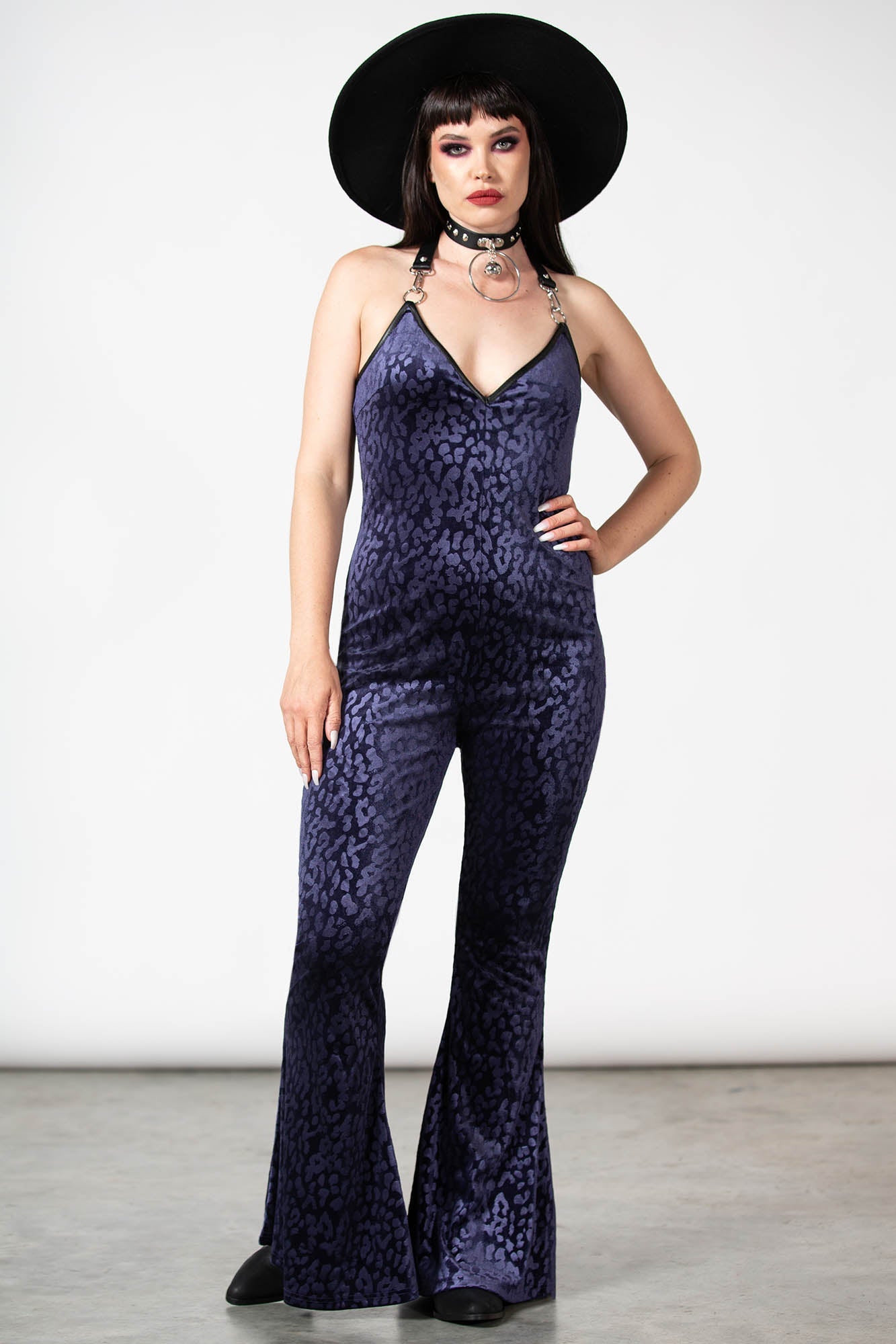 Killstar Huntress Velvet Halter Catsuit - Leopard Print & Bell Bottoms