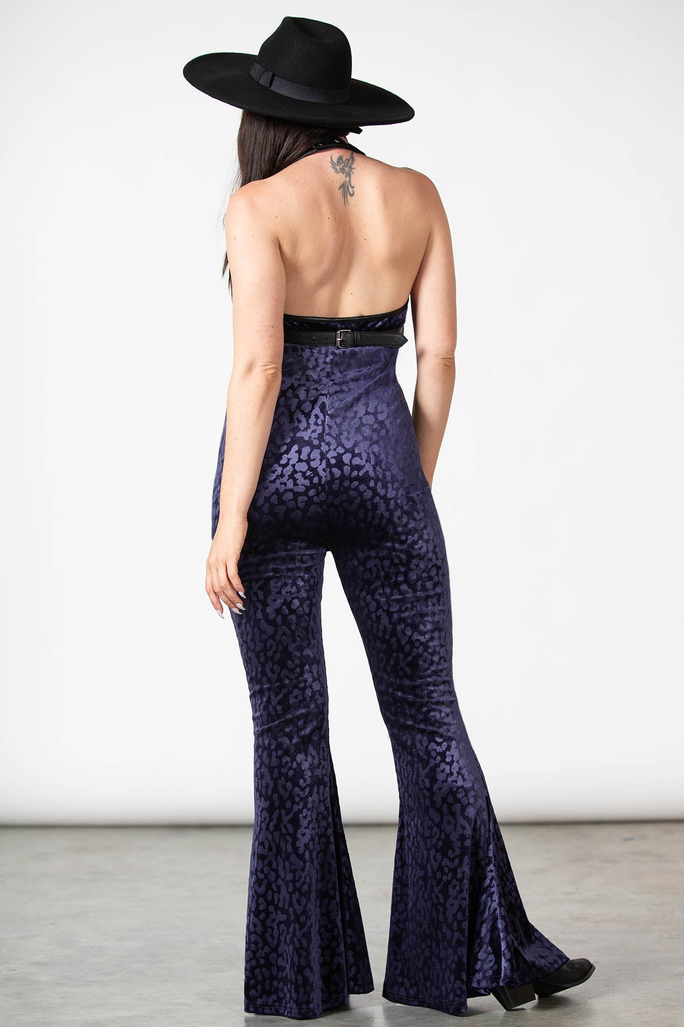 Killstar Huntress Velvet Halter Catsuit - Leopard Print & Bell Bottoms