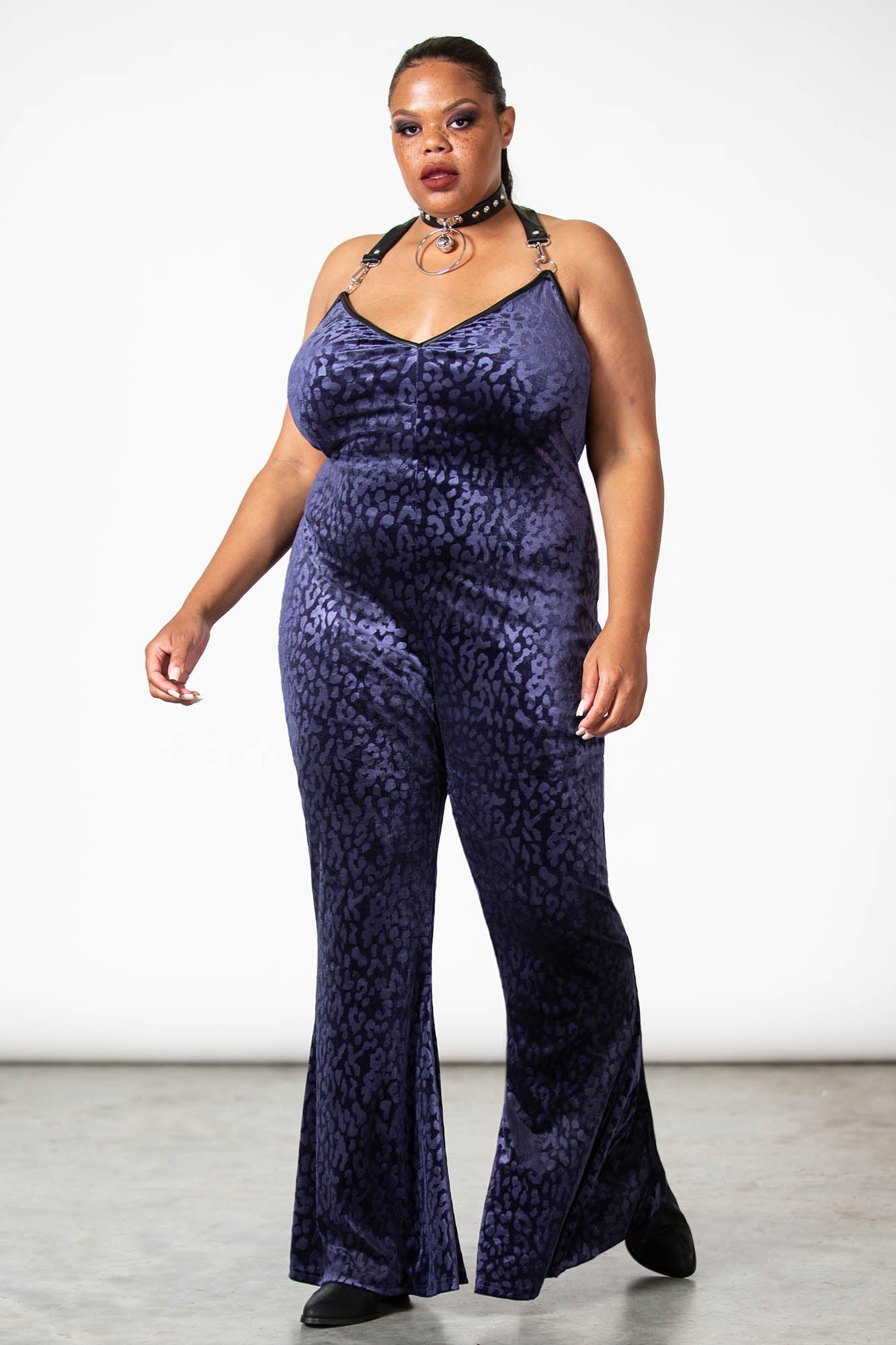 Killstar Huntress Velvet Halter Catsuit - Leopard Print & Bell Bottoms