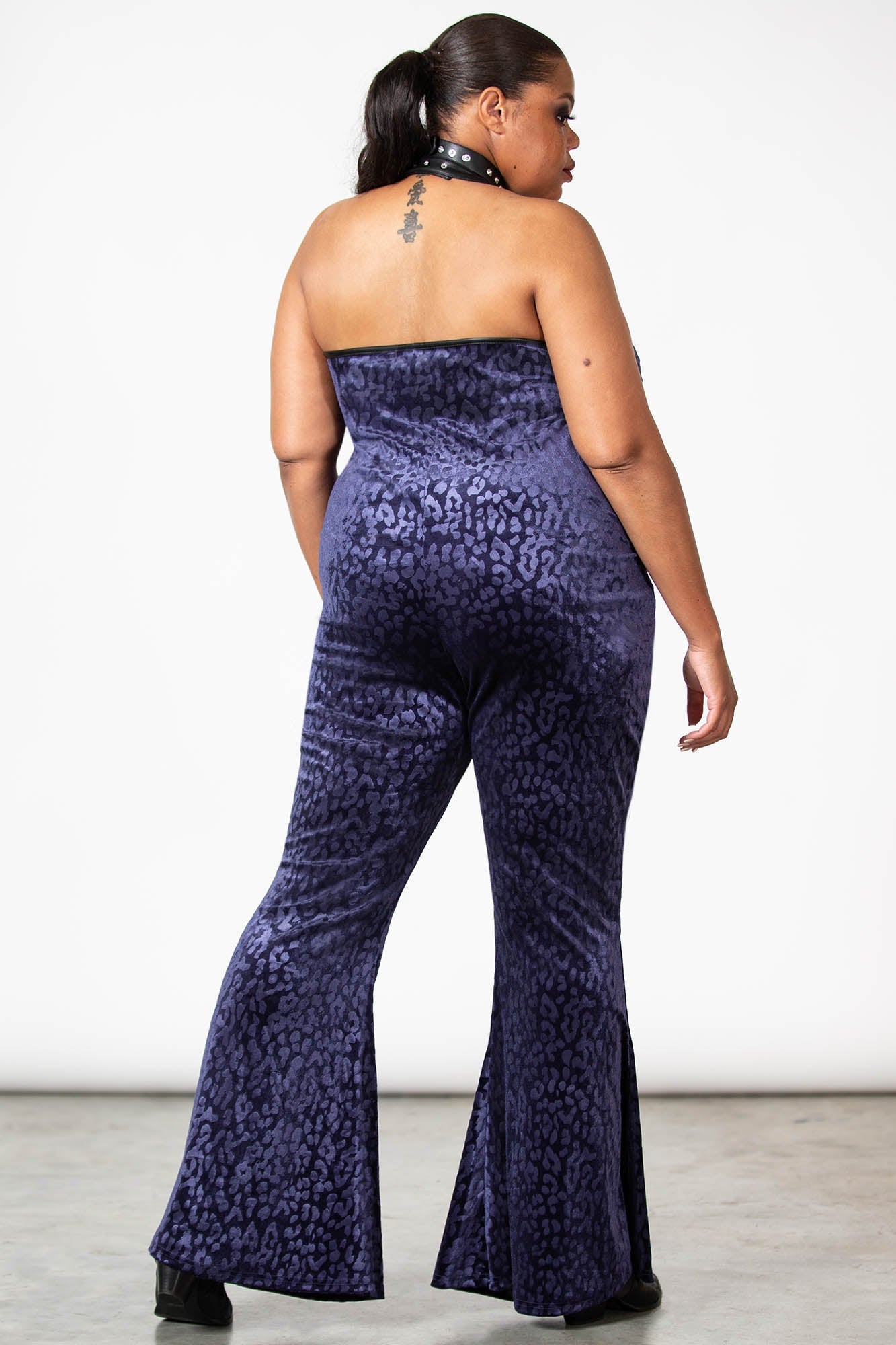Killstar Huntress Velvet Halter Catsuit - Leopard Print & Bell Bottoms