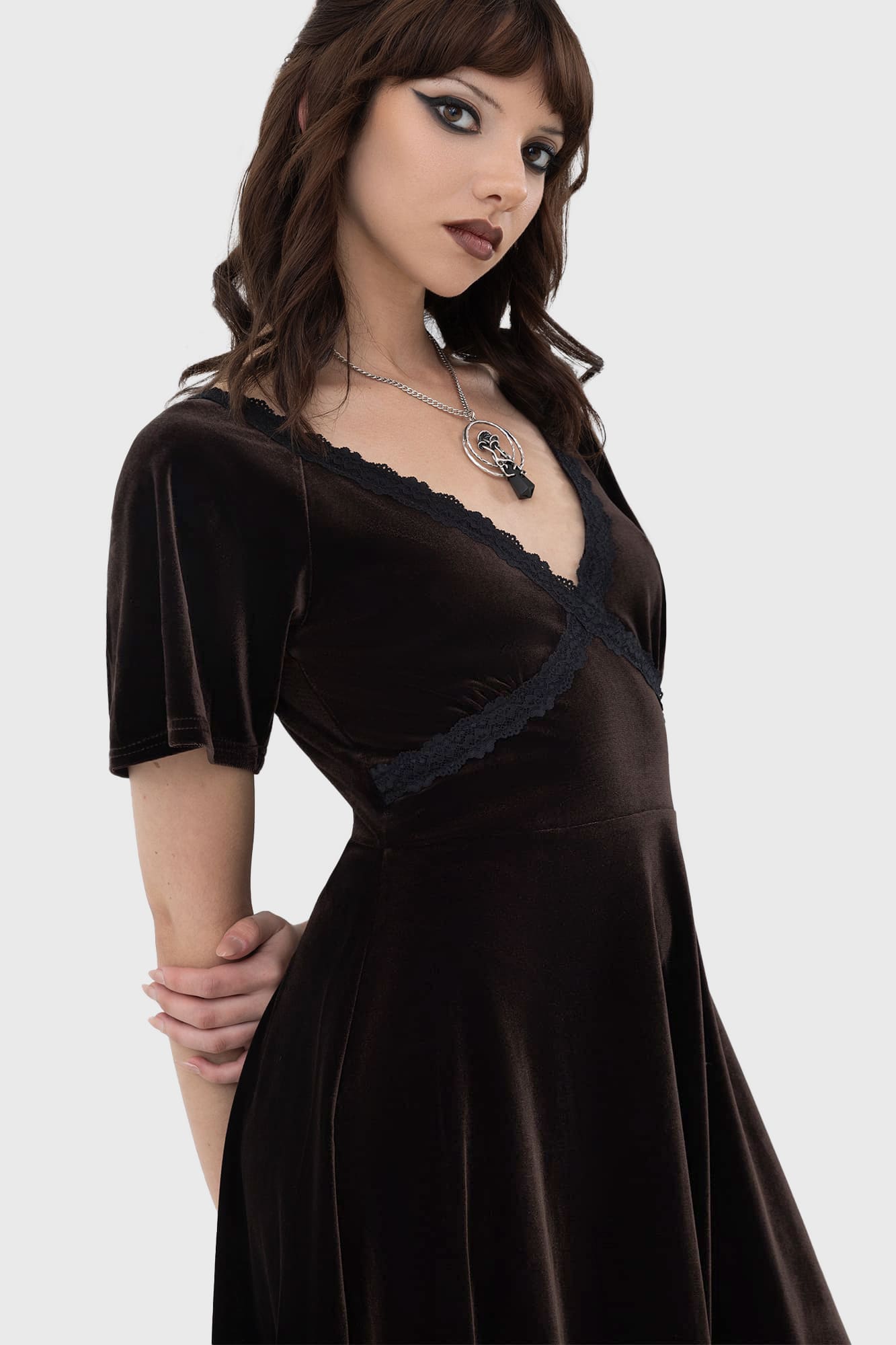 Killstar Echelia Brown Velvet Midi Dress with Lace V-Neck
