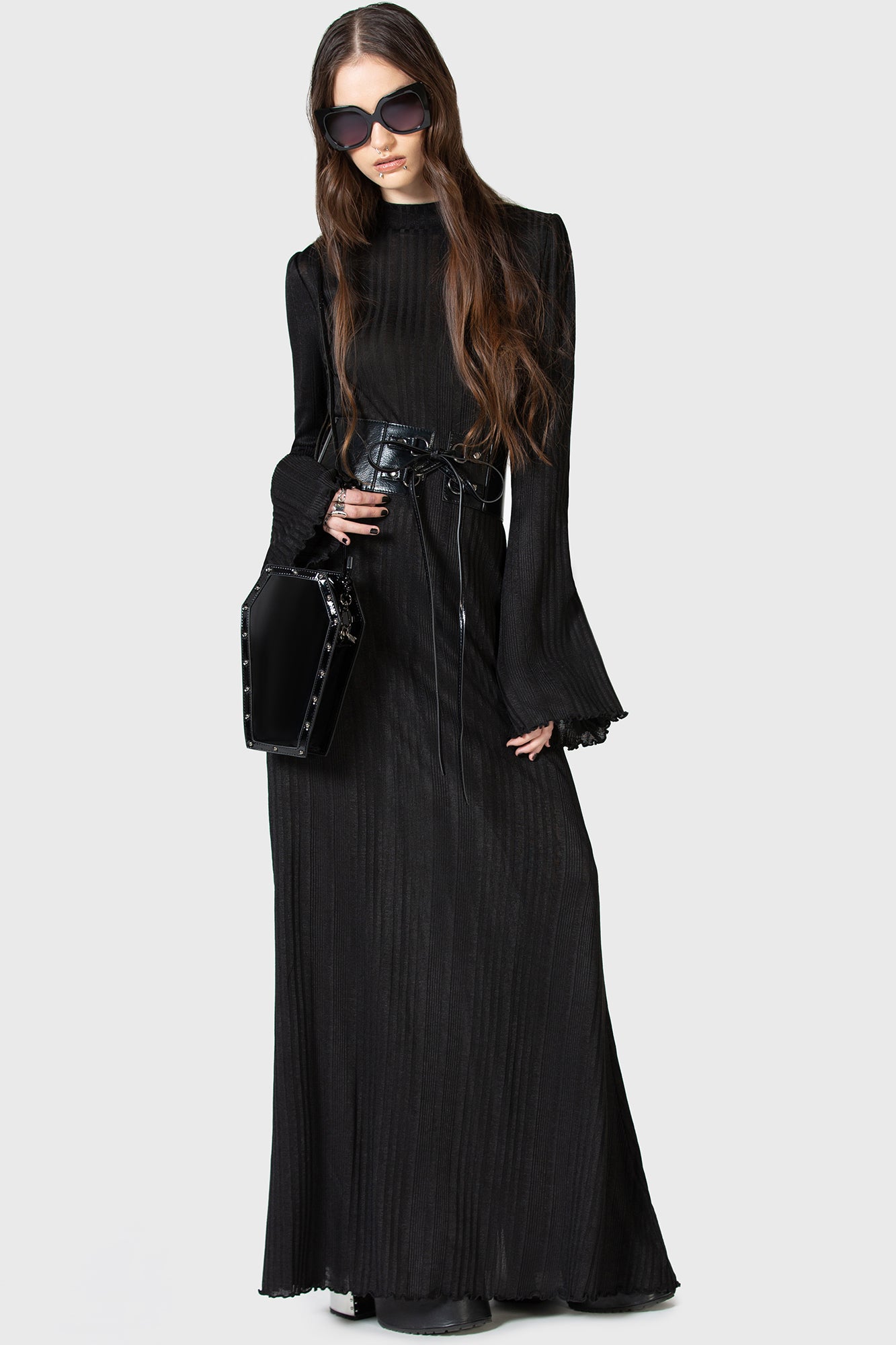 KIHILIST Ribbed Maxi Dress with Bell Sleeves & High Neck